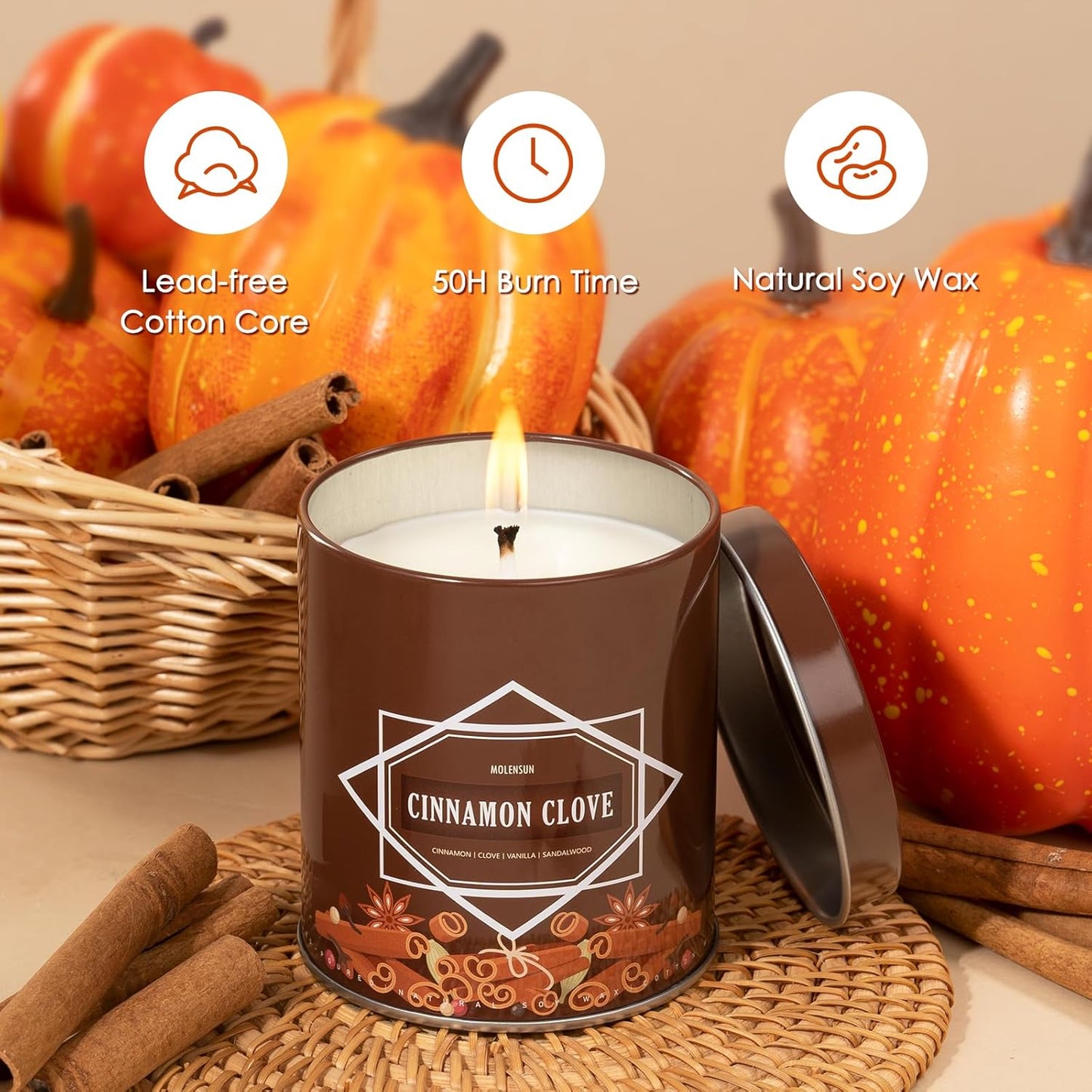 Cinnamon Clove Fall Scented Candle – 9 oz Soy Wax in Travel-Friendly Reusable Tin, Non-Toxic & Clean Burning, 50-Hour Burn – Cozy Autumn Fragrance, Holiday Gift & Fall Decor for Women & Men