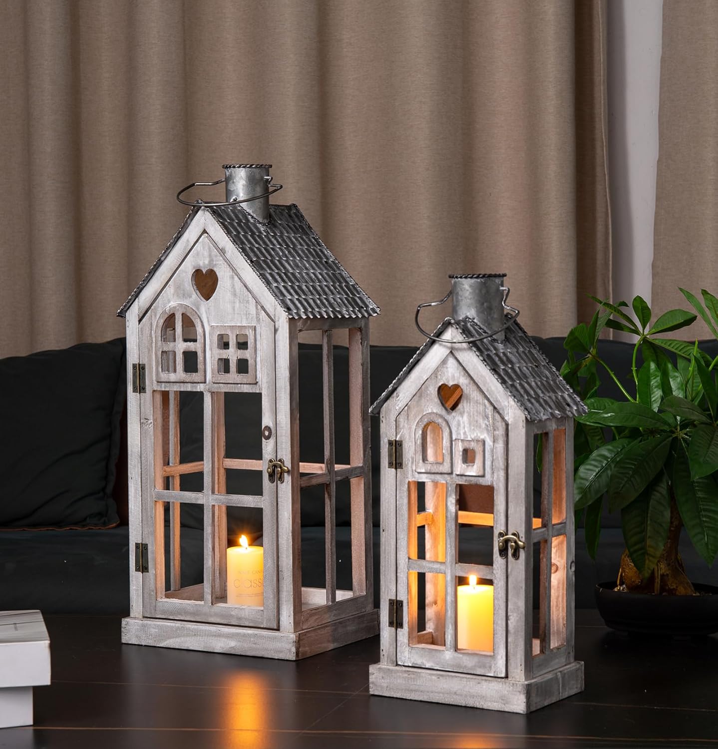 Large Farmhouse Wooden Metal Candle Lantern Set of 2, Rustic Decorative Floor Lanterns, Indoor/Outdoor Village Houses Lantern for Home Decor (No Glass)