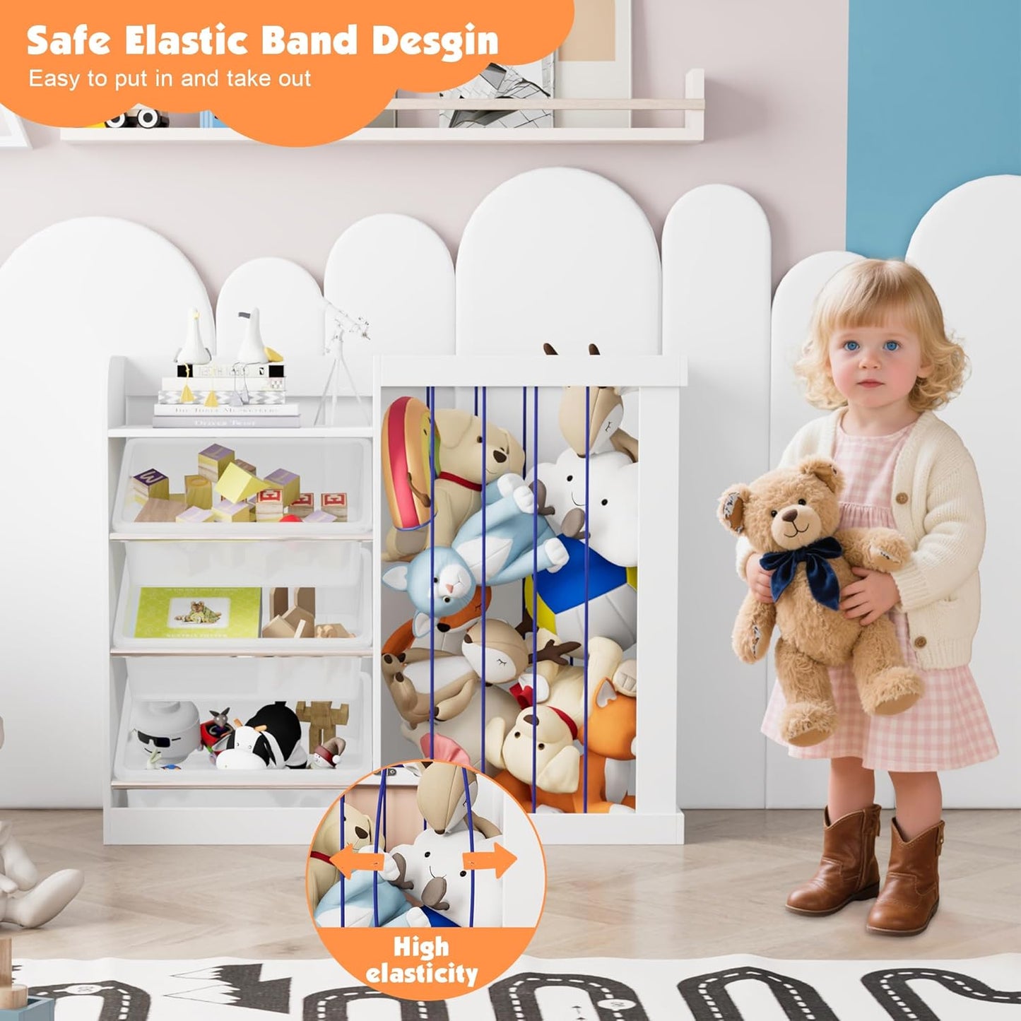 Kids Toy Storage Organizer with 3 Removable Plastic Bins Toddler Montessori Bookshelf with Stuffed Animal Net Holder Baby Bookcase Plush Organizer for Playroom,Bedroom,Kids Room,Classroom,Nursery