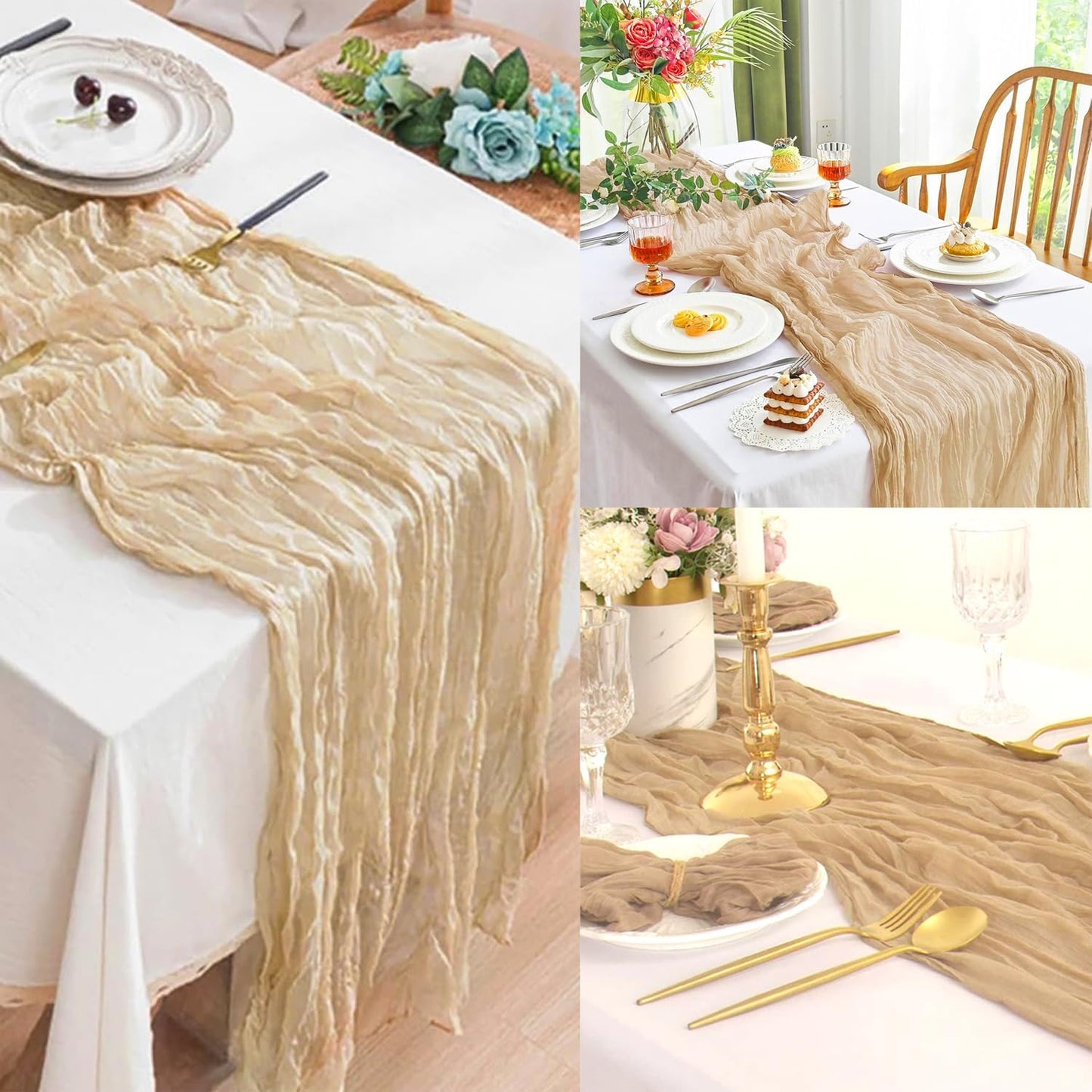 Sand 12 Pack 10FT Cheesecloth Table Runner 20 x 120 Inch Long Rustic Gauze Cheese Cloth Table Runner for Wedding Bridal Baby Shower Table Decorations Boho Fabric Sheer Birthday Party Table Decor