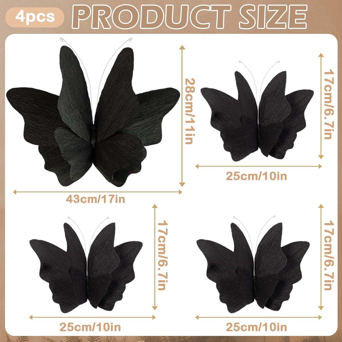 Party Butterfly Decorations, Black 3D Butterfly Birthday Decoration, 4 Pcs Crepe Paper Hanging Decor for Room, School, Black Theme, Flower Party for Garden, Dining Table Decor