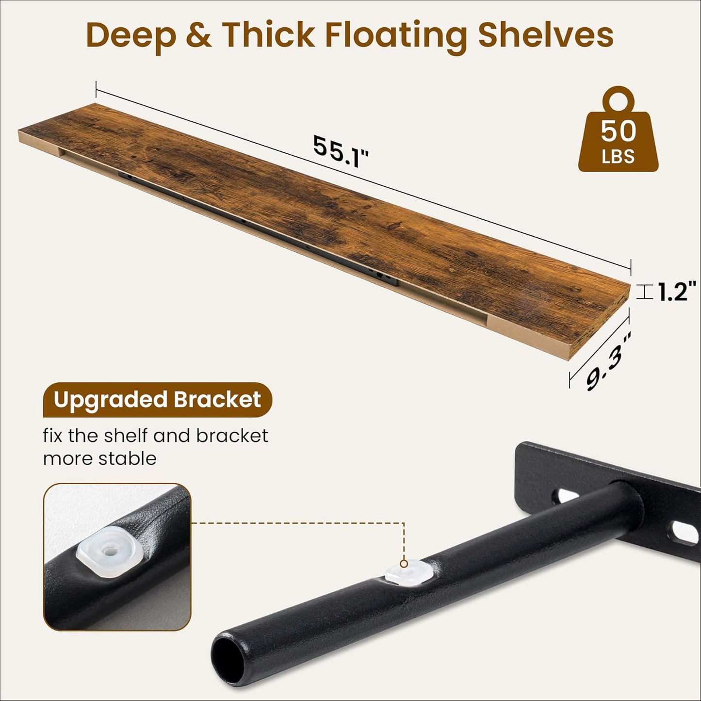 Fun Memories 55 Inch Fireplace Mantel Shelf -Long Floating Shelves, Deep Wall Mounted Farmhouse Display Shelves with Invisible Heavy Duty Metal Bracket, Brown, 2 Pack