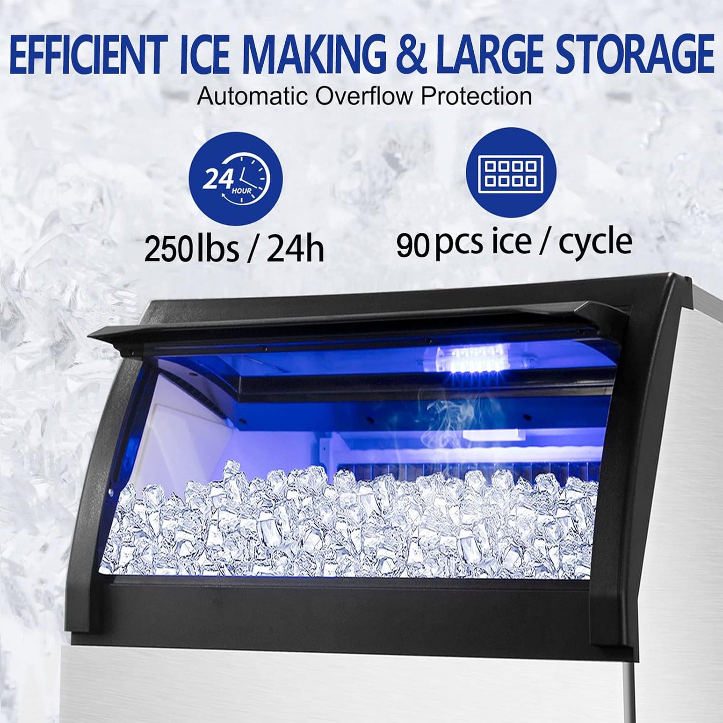 Commercial Ice Maker 250Lbs/24H Under Counter Ice Machine with 77Lbs Storage Bin, 90 Ice Cubes in 11Min, Stainless Steel Freestanding Ice Making Machine for Business, Water Filter and Scoop Included