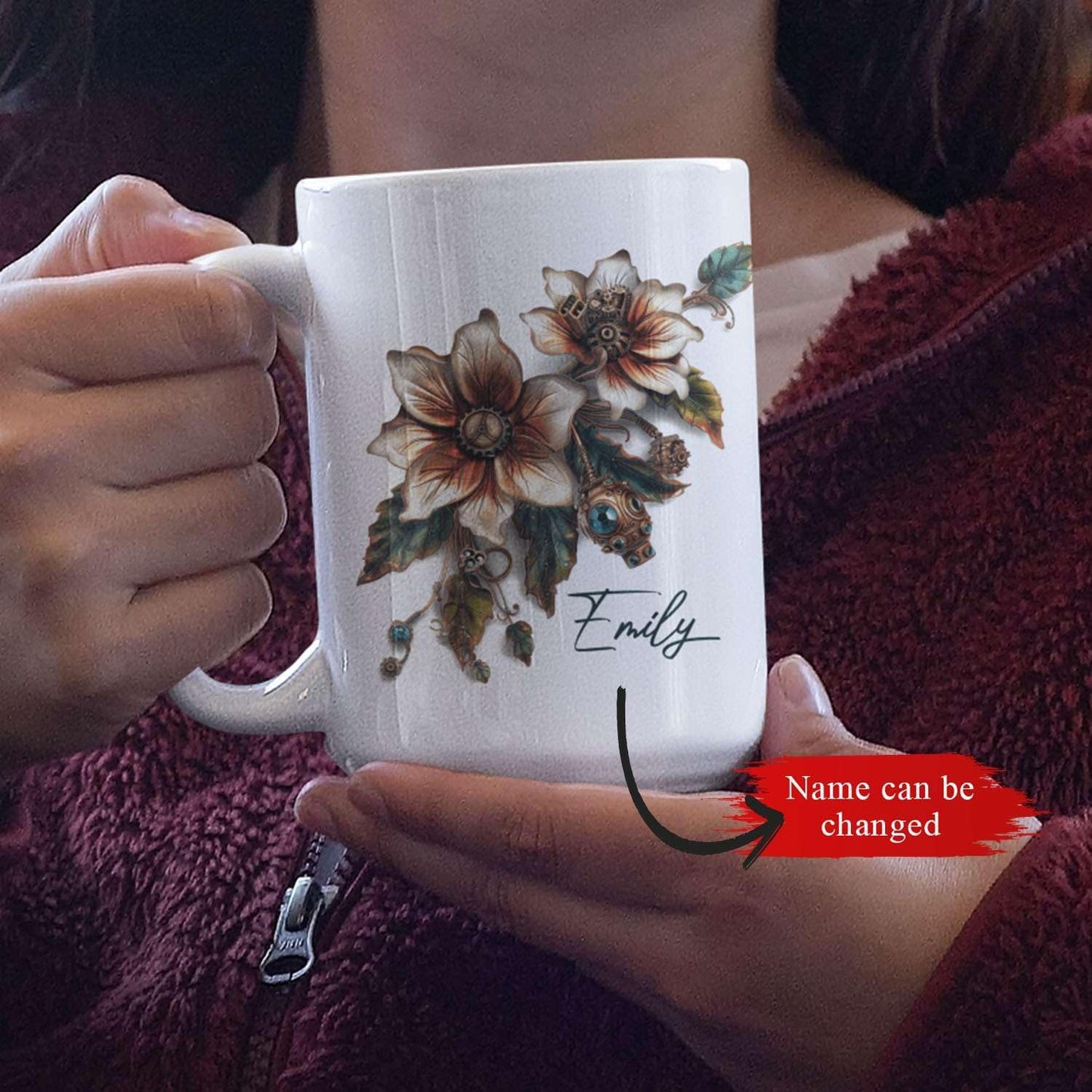 Customized Name Coffee Cup, Custom Steampunk Floral Design Cup, Personalized Flower Lover Ceramic Cup 11oz, White Mug Gift For Floral Enthusiasts, Steampunk Flower Cup For Birthday