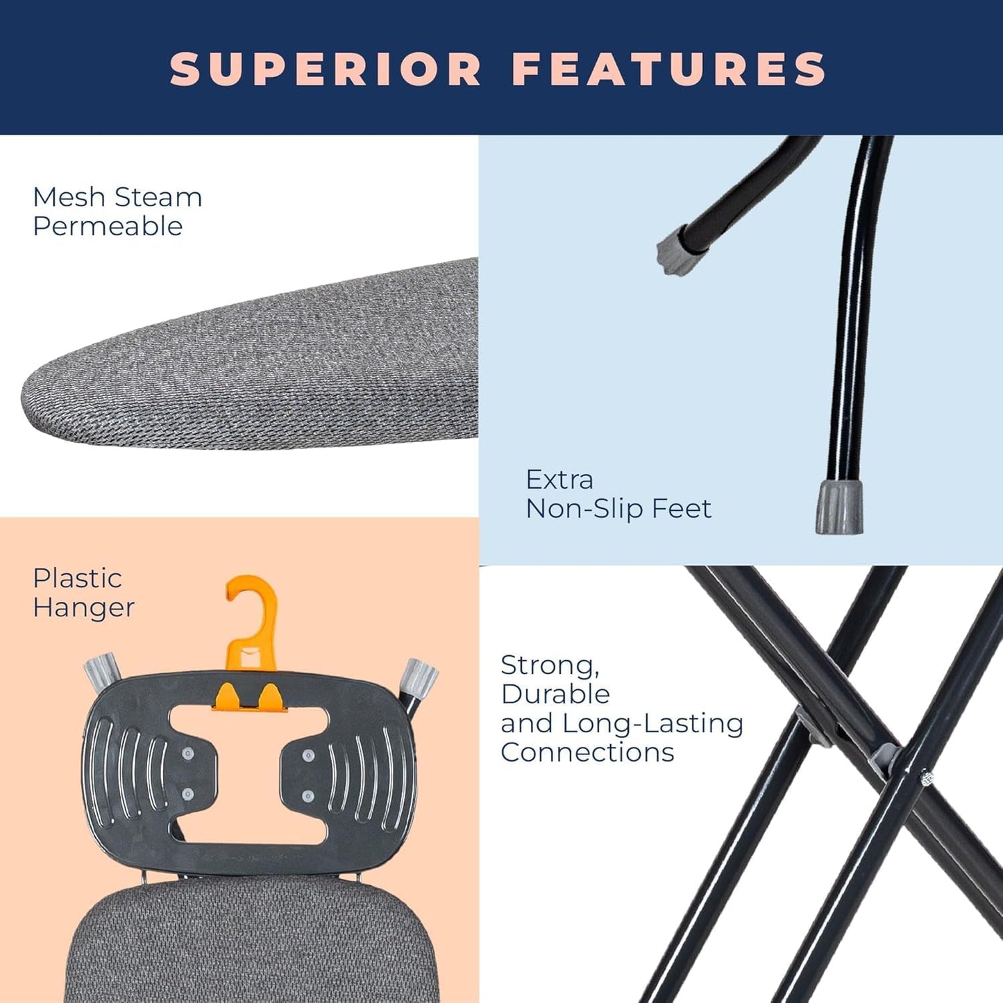 Ironing Board with Iron Rest, Iron Board with 3 Layers Extra Thick Cover, Compact and Space Saver Foldable Ironing Board, Adjustable Height, Easy Storage with Smart Hanger and Lightweight Design