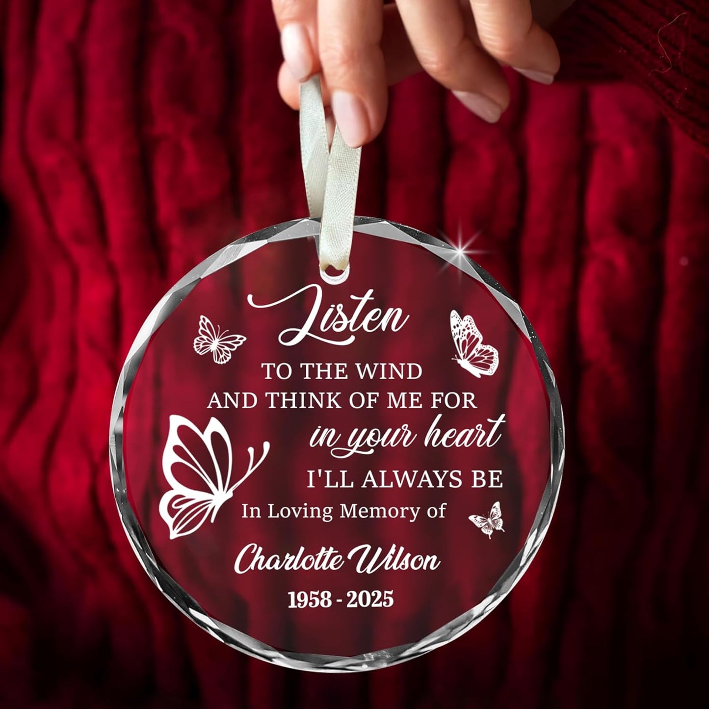 Personalized Memorial Christmas Ornament – Custom Angel Heaven Ornament for Loss of Loved One – Listen to The Wind Glass Sun Catcher – Family Remembrance Gift for in Loving Memory