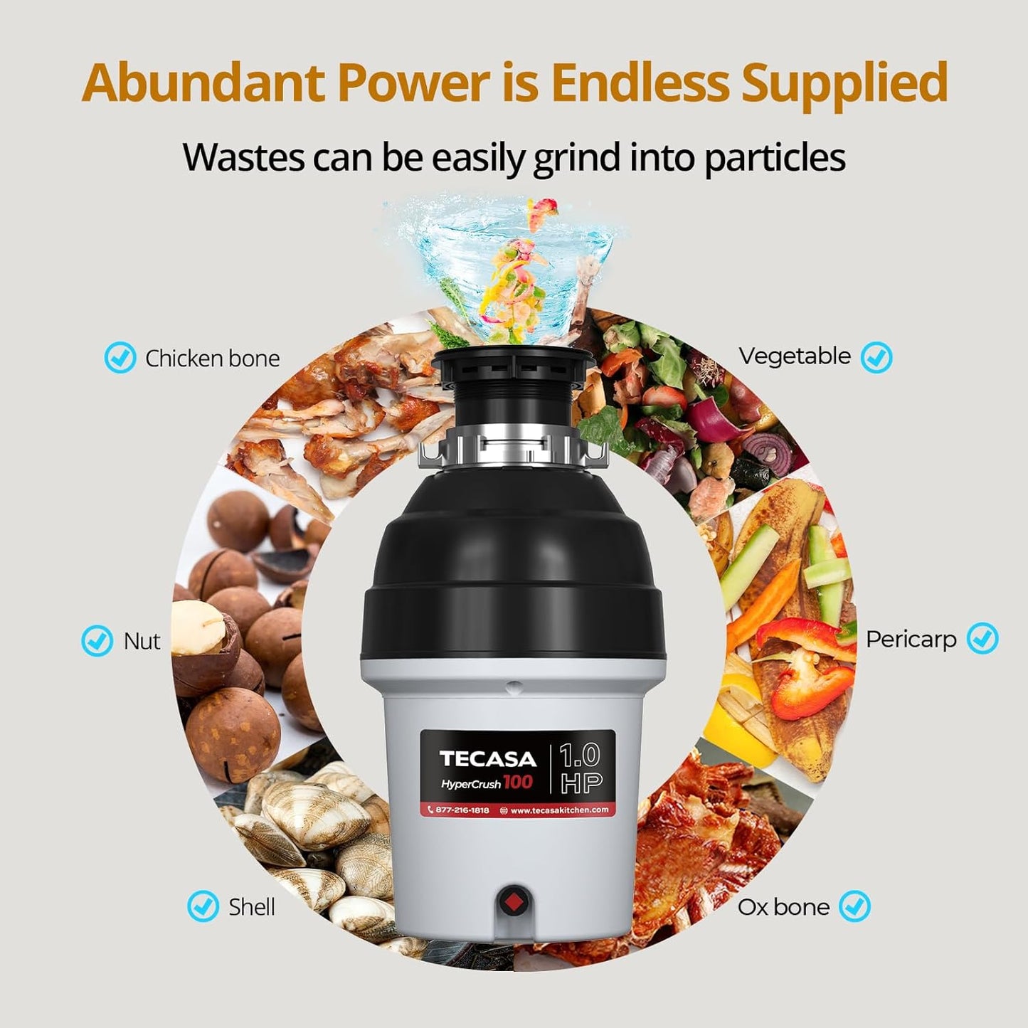 1 HP Garbage Disposal with Sound Reduction, TECASA Food Waste Disposer for Kitchen Sink, Septic Safe Garbage Disposal, Power Cord Included, Grey and Black - HyperCrush 100