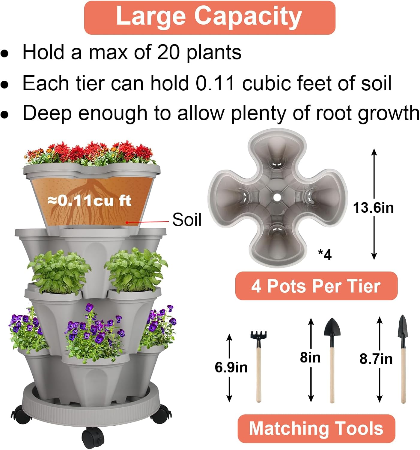 Vertical Planter 4 Tier Stackable Planters Garden Planters Strawberry Herb Flower and Vegetable Planter Indoor Outdoor Gardening Pots with Removable Wheels and Tools