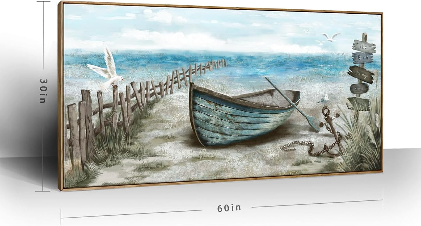Extra Large Framed Wall Art for Living Room Coastal Décor Rustic Rowboat Canvas Print Big Beach Themed Painting Seagull Vintage Boat Sea Bird Artwork Oversized Blue Teal Seaside Ocean Picture for