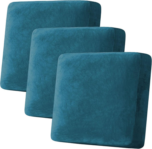 H.VERSAILTEX Velvet Stretch Couch Cushion Cover Plush Cushion Slipcover for Chair Loveseat Sofa Cushion Furniture Protector Seat Cushion Sofa Cover (3 Piece XL Sofa Cushion Covers, Deep Teal)
