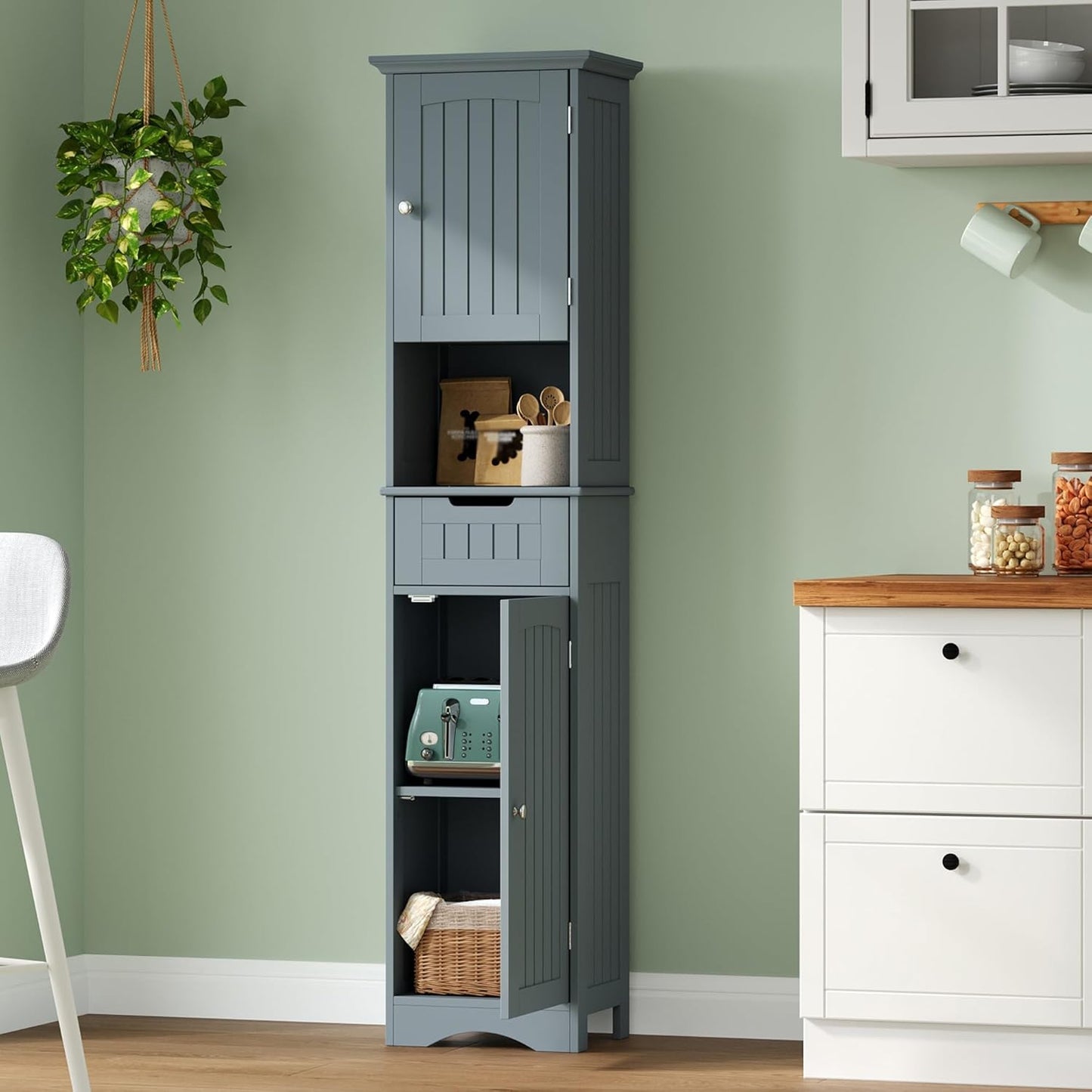 ChooChoo 67" Tall Bathroom Storage Cabinet Freestanding with Adjustable Shelves, Narrow Storage Linen Cabinet with 2 Doors and 1 Drawers for Bathroom, Living Room, Kitchen, Grey