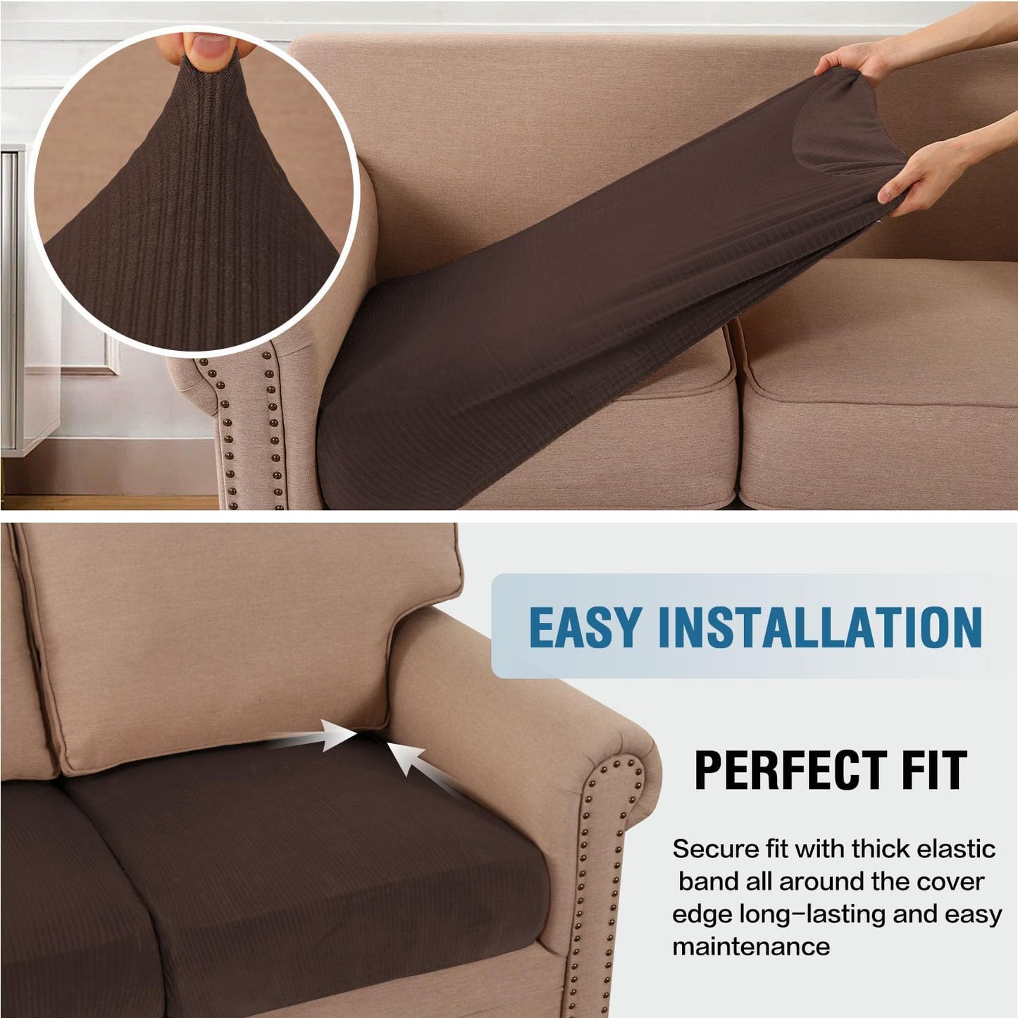 H.VERSAILTEX Velvet Stretch Couch Cushion Cover Plush Cushion Slipcover for Chair Loveseat Sofa Cushion Furniture Protector Seat Cushion Sofa Cover (2 Piece Large Sofa Cushion Covers, Brown Striped)