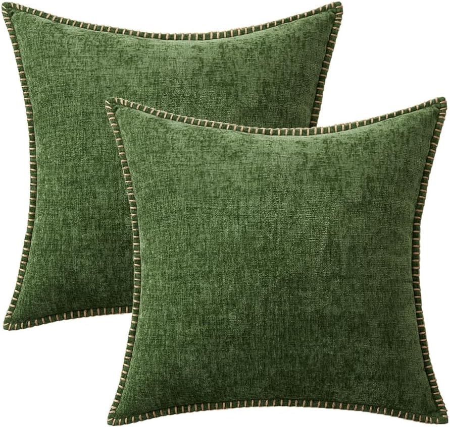 MIULEE Pack of 2 Christmas Pillow Covers 16x16 Inch Moss Green Farmhouse Decorative Throw Pillow Covers with Stitched Edge Soft Chenille Solid Dyed Couch Pillow Covers for Sofa Bed Living Room