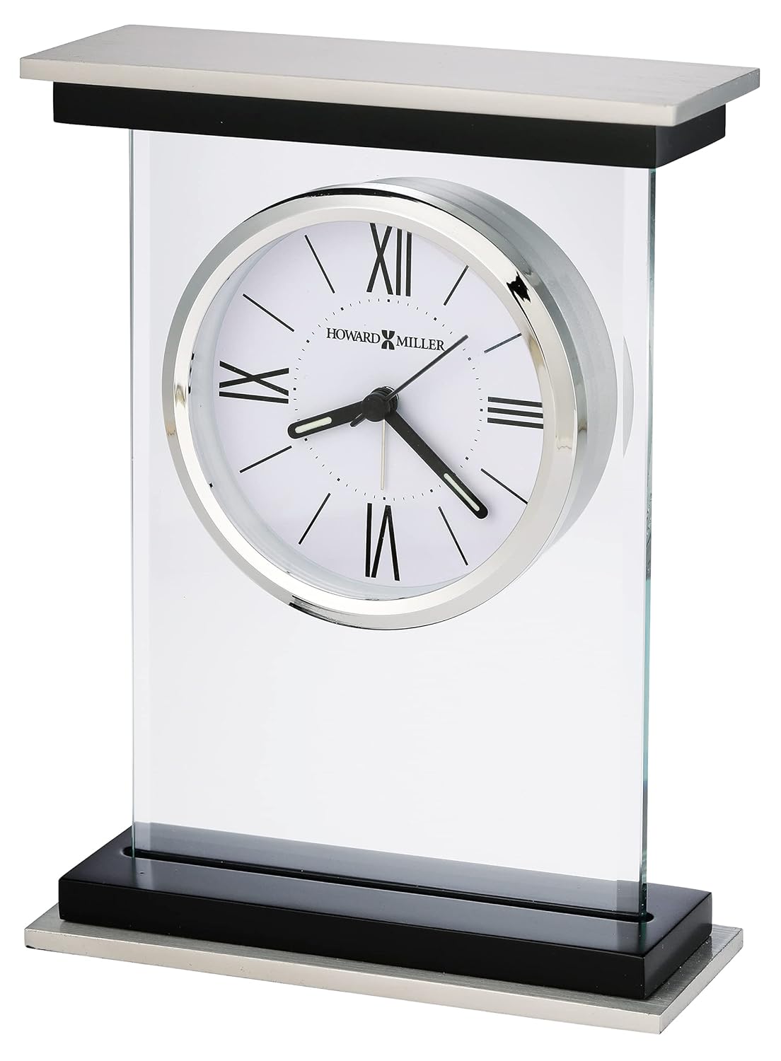 Howard Miller Bryant Tabletop Clock – Modern Desk Clock with Silent Sweep Seconds Luminous Hands Roman Numeral Markers & Bracket Style Design Satin Finish for Home Office & Desktop Decor