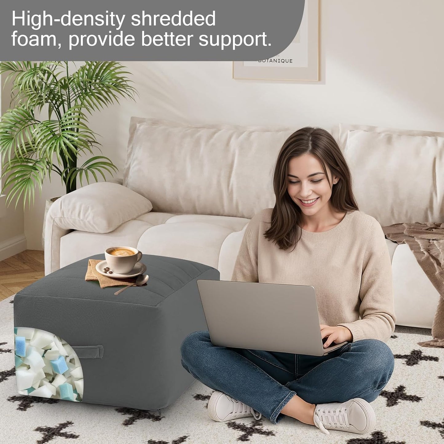 MeMoreCool Square Stuffed Pouf Ottoman Foot Rest, Floor Pouf Foot Stool with Foam Chunk Filling, Soft Stuffed Ottoman Footrest for Living Room, Dark Grey