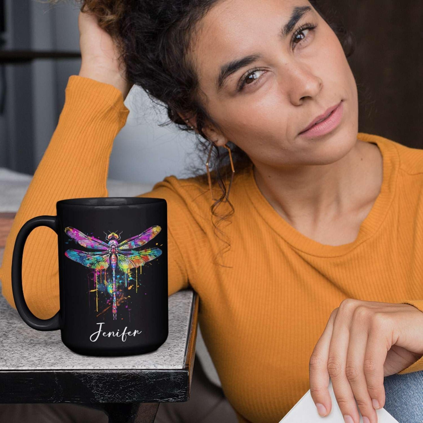 Colorful Dragonfly Ceramic Cup - Personalized Name Coffee Mug for Birthday, Gift for Son Daughter, Customized Black Animal Mug, Dragonfly Lover Cup 11oz 15oz