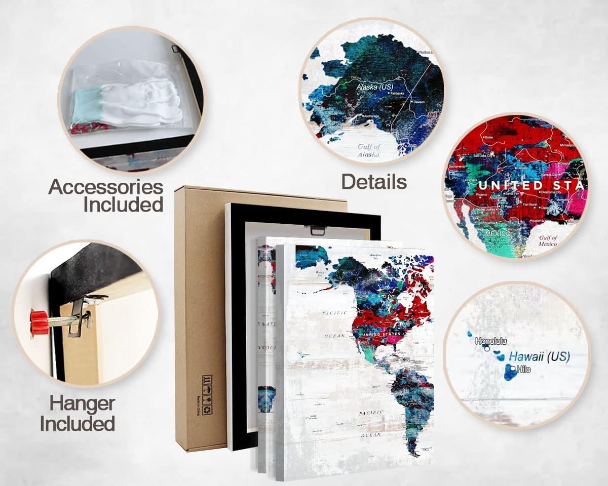 World Map Wall Art Living Room Wall Decor Office Pictures for Wall Decorations Large Abstract Art 60" W x 28" H Framed Paintings for Dining Room