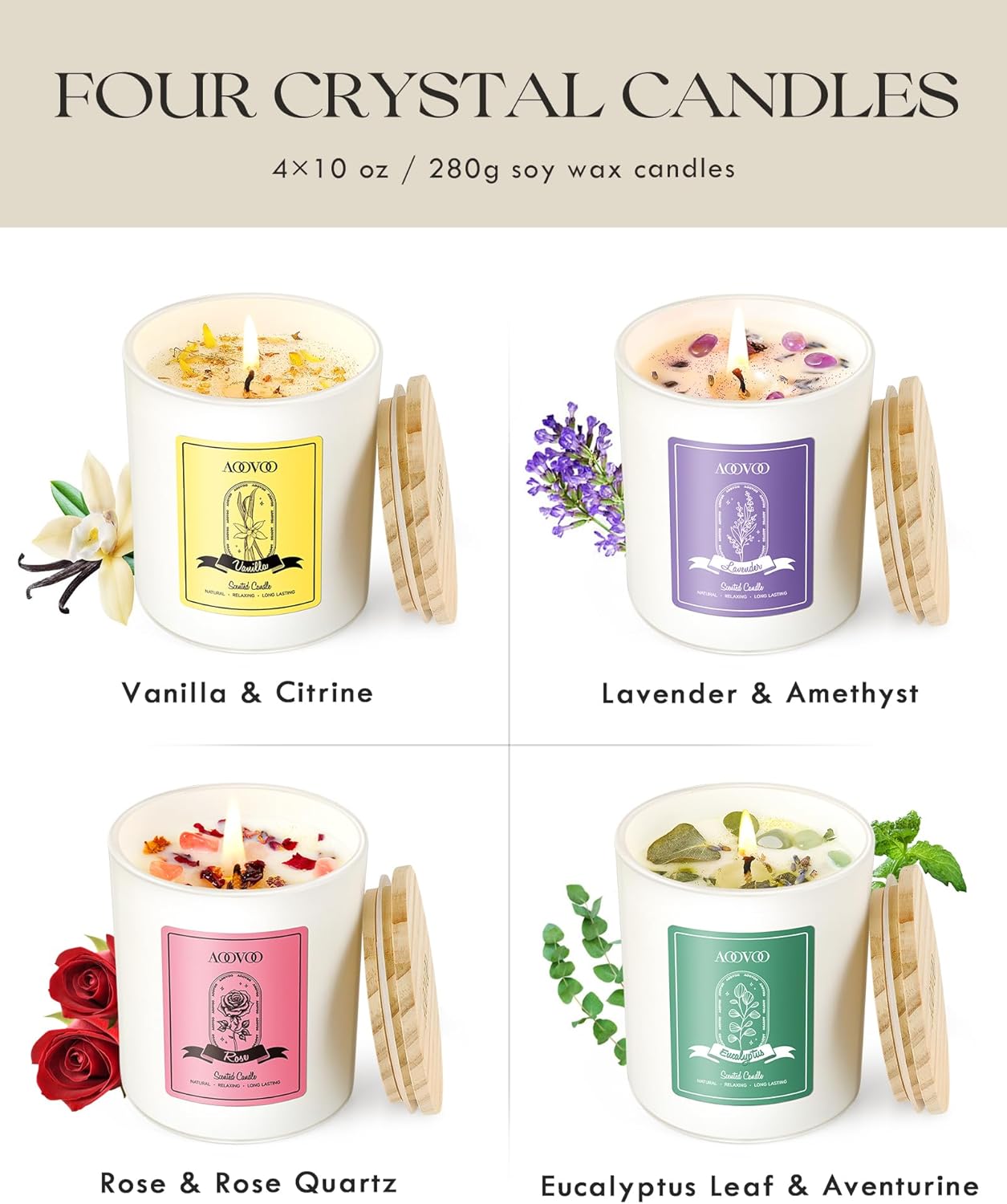 AOOVOO Rose/Vanilla/Eucalyptus/Lavender Scented Candles for Women - Aromatherapy Candle with Crystals Inside, 40oz Soy Candles for Home Scented, Birthday Gifts Mothers Day Candle for Women Mom