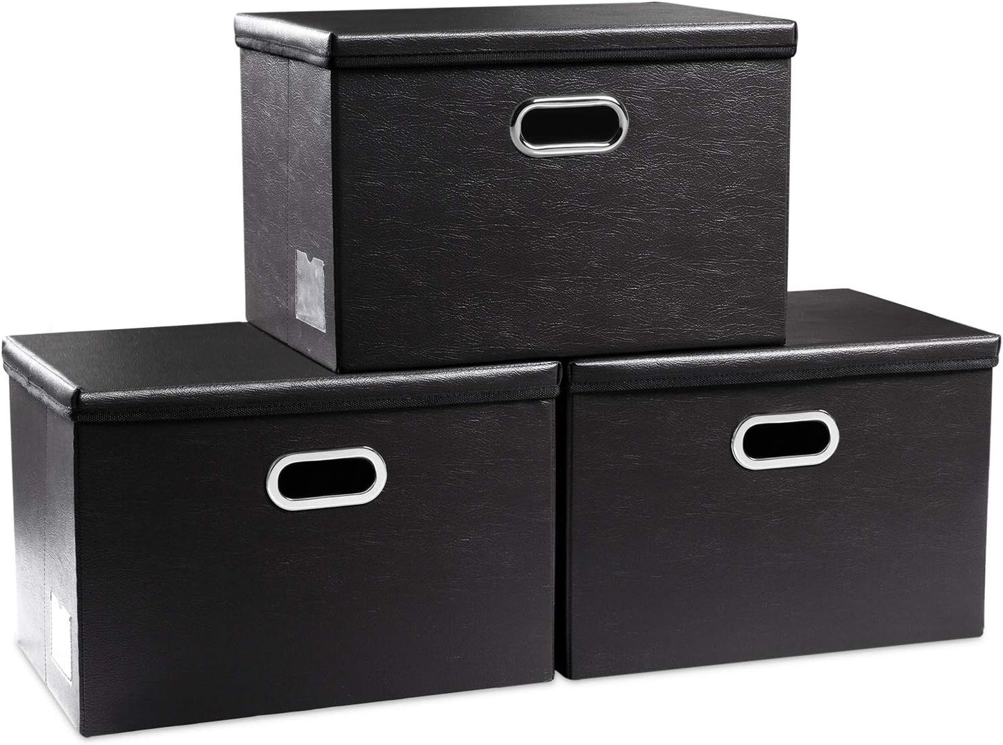 PRANDOM Large Foldable Storage Bins with Lids [3-Pack] Leather Fabric Collapsible Storage Boxes Organizer Containers Baskets Cube with Cover for Home Bedroom Closet Office Black(17.7x11.8x11.8)