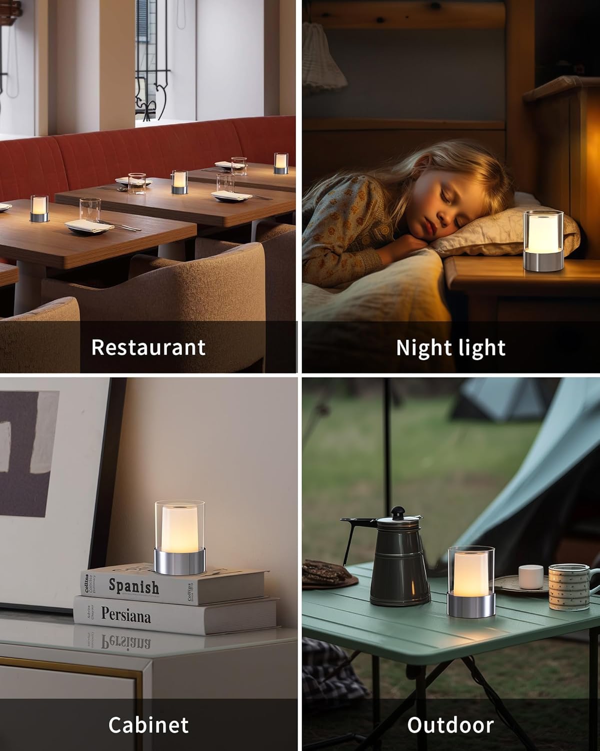 LED 4" inch Touch Night Light for Nursery Baby Kids Set of 2 (Chrome), Small Outdoor Waterproof Lamp for Bathroom Camping, Rechargeable Cordless Table Lamp for Bar Bedside Restaurant Gifts