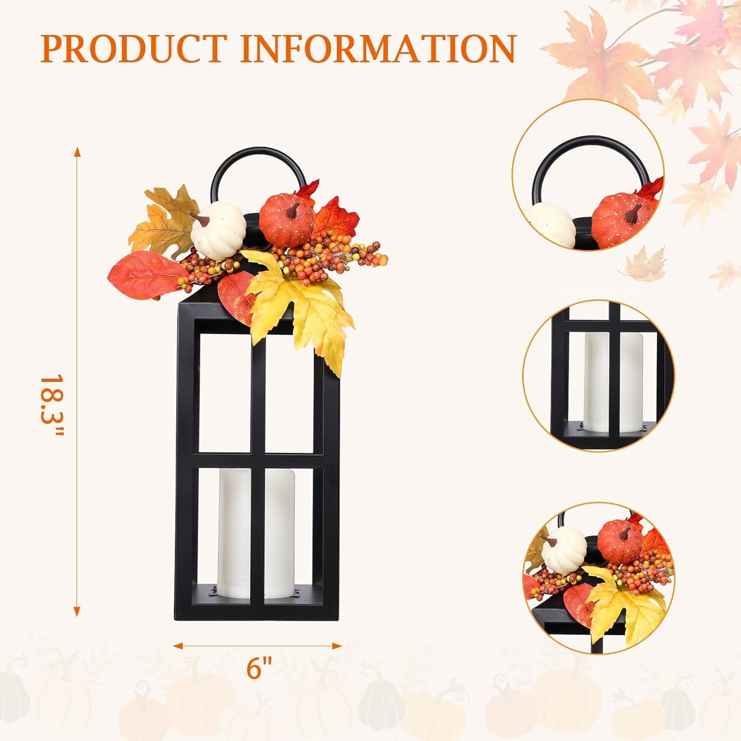 Fall Decorative Lanterns Outdoor, Waterproof 17.7" Decorative Lantern Indoor Decor Metal Hanging Candle Holder LED Flameless Candle Lantern for Patio, Porch, 2 Packs
