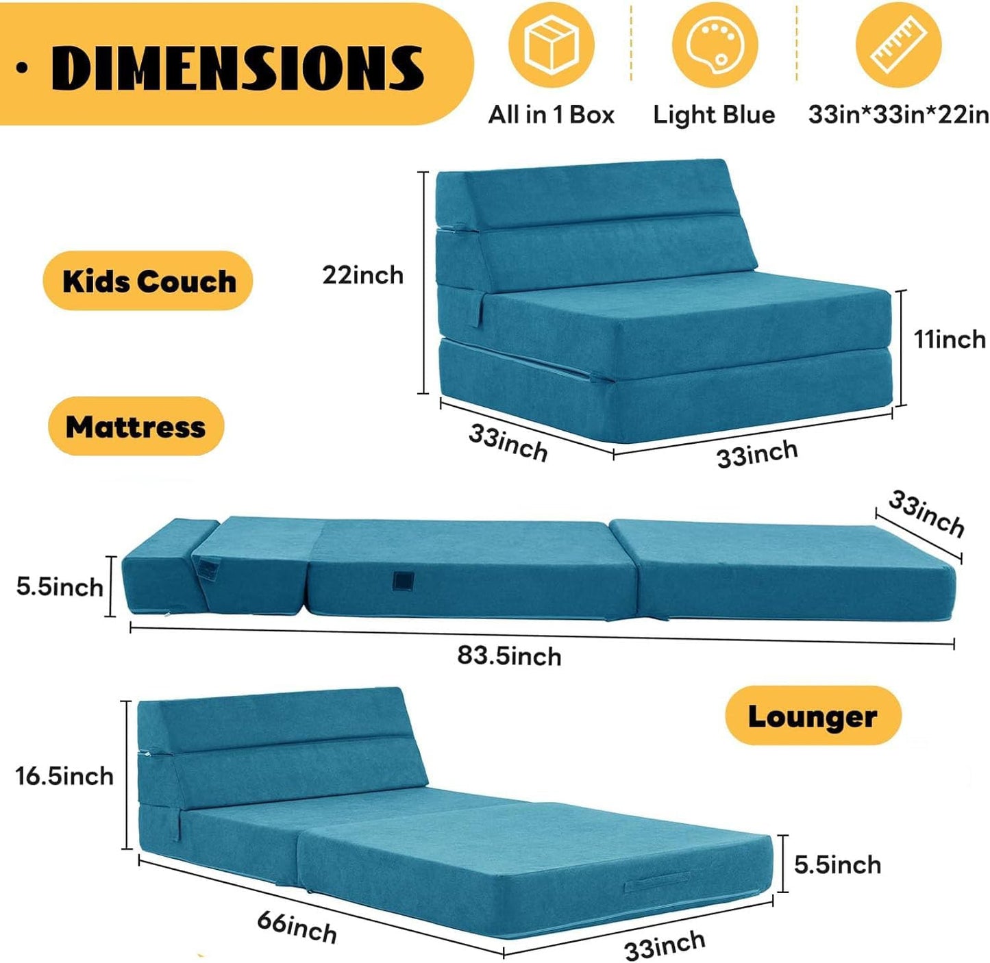 jela Foldable Sofa Bed, Convertible Sleeper Lounge Chair Floor Mattress Floor Couch with Backrest, Fold Out Futon with Washable Miss Fabric Cover for Guest Room, Living Room (83"x33",Teal)