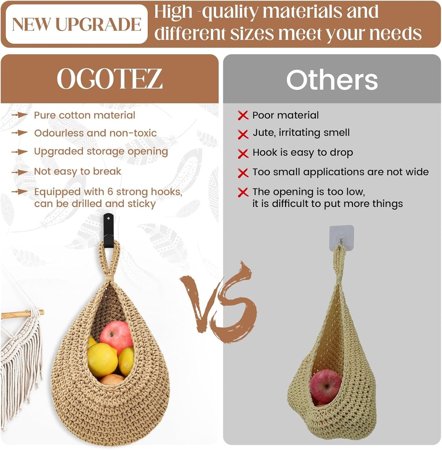 Wall Hanging Baskets for Organizing - 3 Pack Hanging Fruit Basket with 6 Pcs Strong Hooks, Handwoven Onion Storage Teardrop Home Onion Basket for Fruits Vegetable Potato Kitchen Storage(Light Linen)