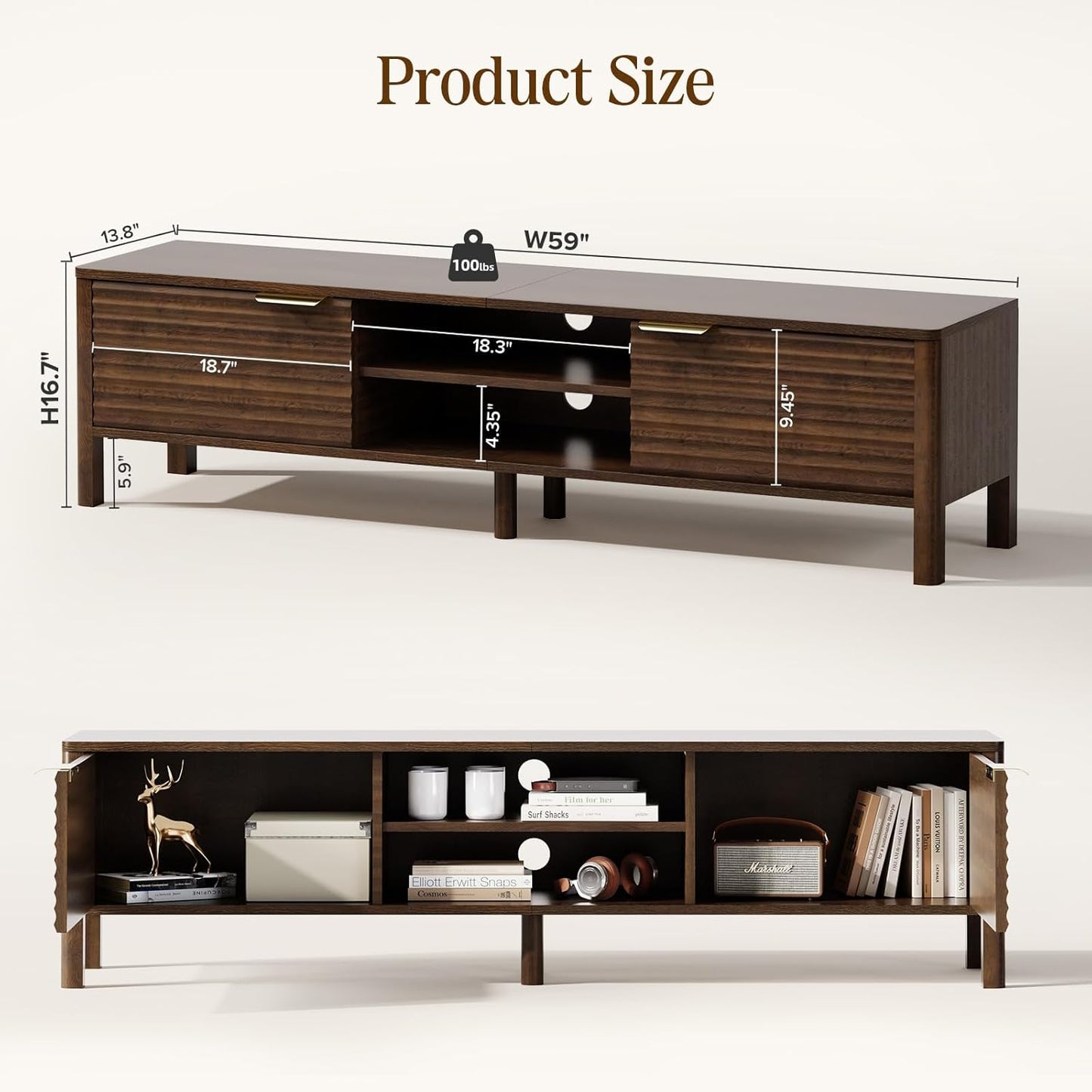 TV Stand for Living Room - up to 65 Inch TVs Mid Century Modern Entertainment Center with Storage and Adjustable Shelves, Media Console Table Walnut 59"