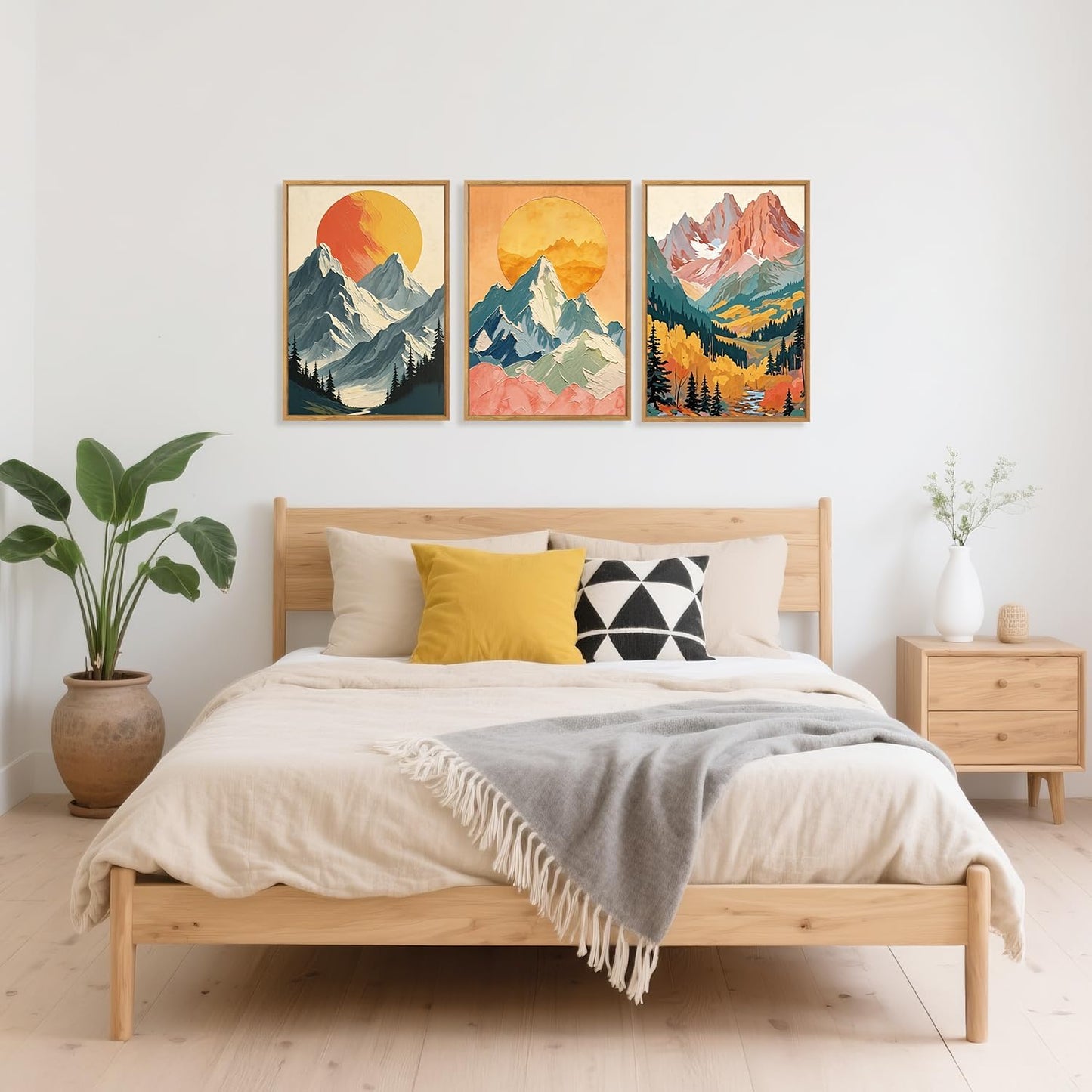 HPNIUB Mountains Forests Framed Canvas Wall Art Set, Abstract Woodland Painting, Boho Scenery Sun Wall Decor, Pretty Grassland River Artwork for Living Room, Bedroom, Dining Room, Office - 16"x24"x3