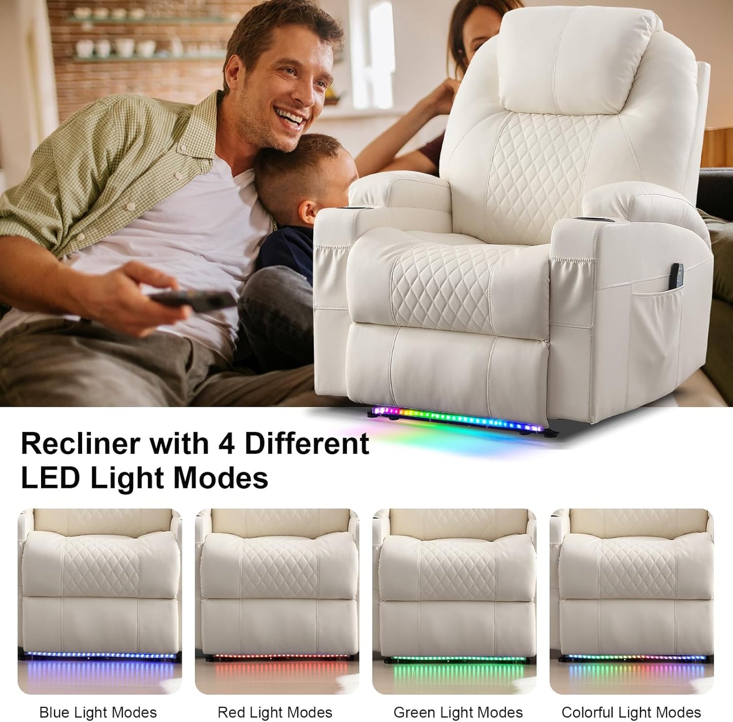 AHMED Power Recliner Chair with Vibration Massage & Heat for Adults, Faux Leather Home Theater Seating with Cup Holders/LED Lights/USB Ports/Side Pockets for Living Room, Beige