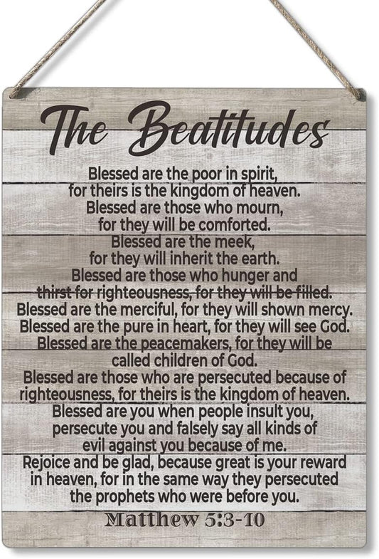 Inspirational Bible Gift Signs the Beatitudes Blessed are the Poor in Spirit for Theirs is the Kingdom of Heaven Wooden Hanging Sign Religious Scripture Art Wall Home Decoration 10 x 8 Inches
