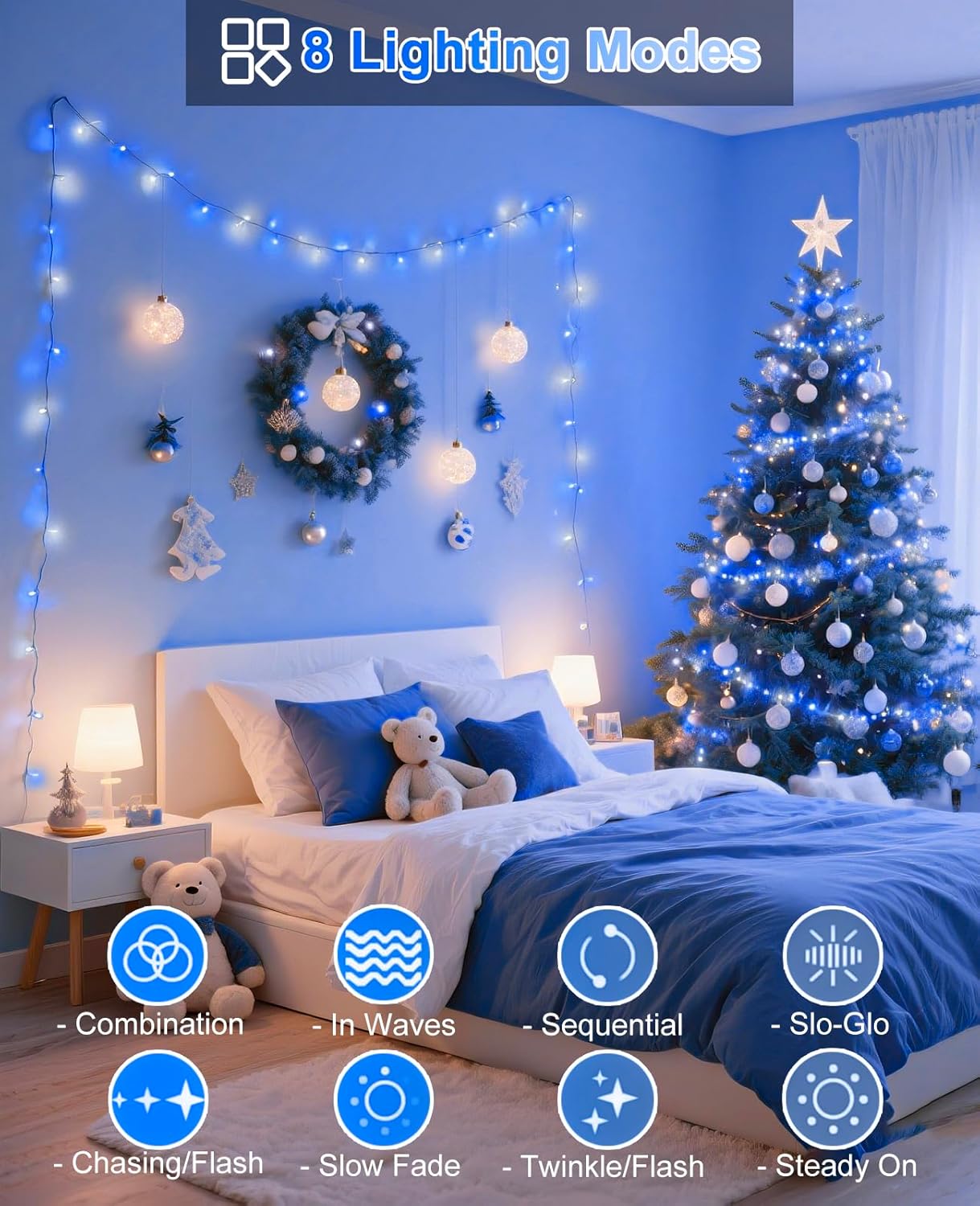 197FT 600 LED Christmas Lights Outdoor Indoor, Plug in String Lights for Outside 8 Modes, Waterproof Christmas Tree Lights for Outside Bedroom Wedding Party Holiday Decorations, Blue White