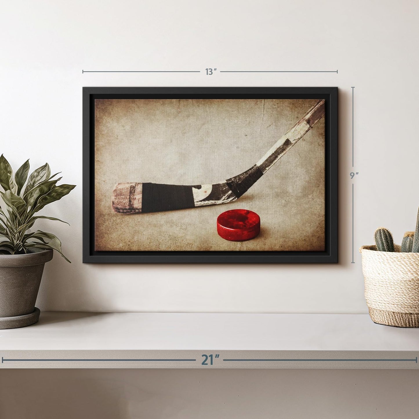 Elephant Stock Vintage Ice Hockey Wall Art - Horizontal Framed Canvas - 1-Piece Hallway Wall Decor - Photography Sports Canvas Print - Brown and Beige Decor for Wall - 13" X 9"