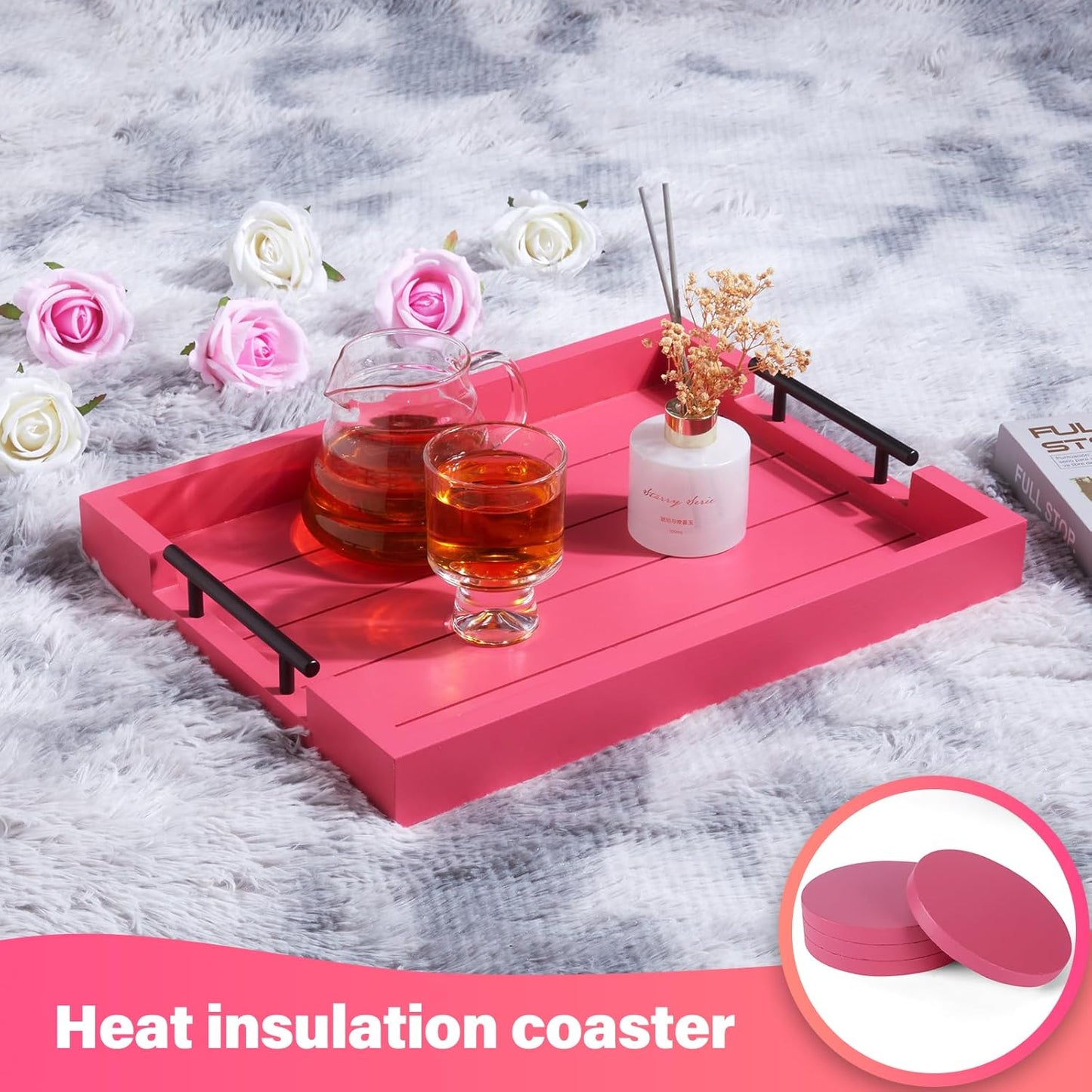 Ottoman Tray | Coffee Table Tray Decorative, Serving Tray with Handles - 17x13 Inch Wood Tray for Coffee Table Tray - with 4 Wooden Coasters -Tray for Ottoman, Breakfast