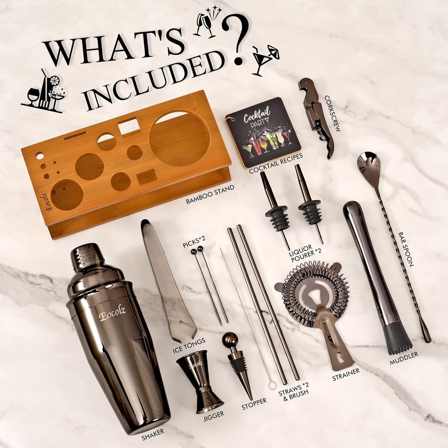 Bartender Kit Cocktail Shaker Set with Stand Bar Tool Bar Set for Drink Mixing Home Bartending Kit 17-Piece Bar Cart Accessories: Martini Shaker, Mixer Spoon, Jigger, Muddler, Strainer & Recipes Gifts