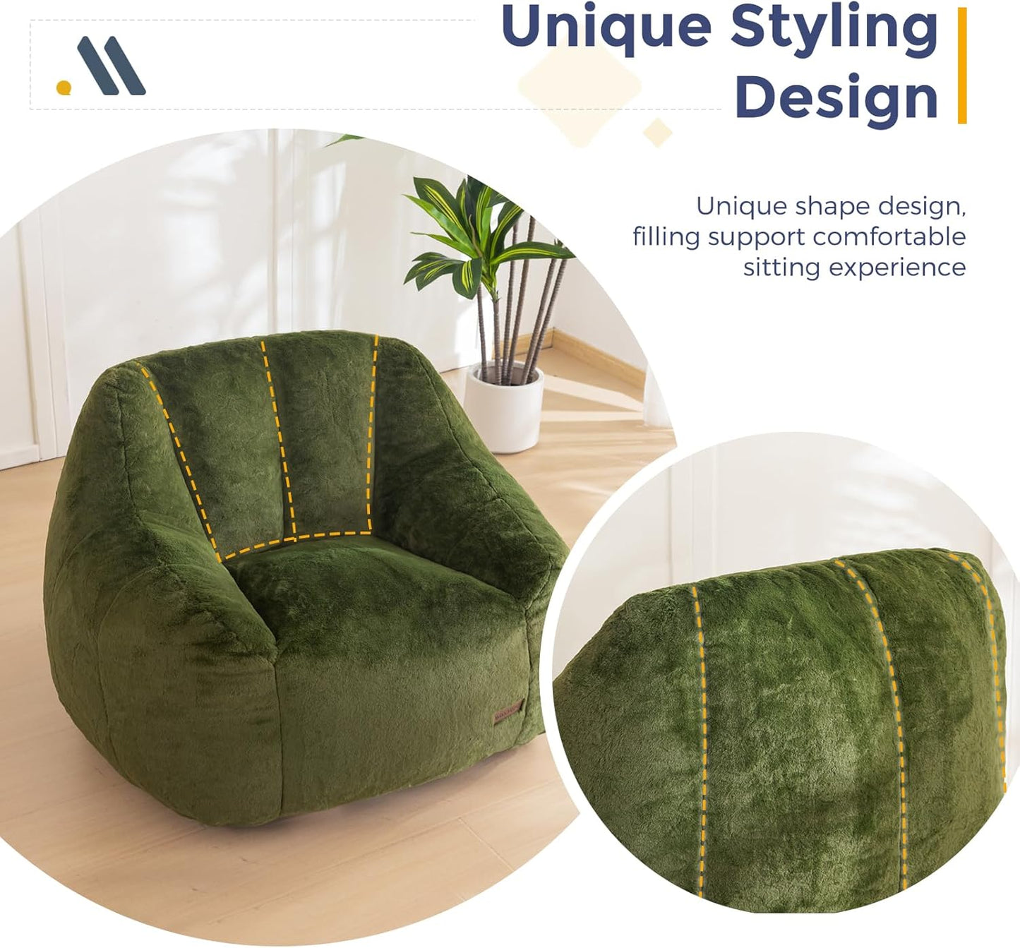 MAXYOYO Bean Bag Chair, Comfy Bean Bag Sofa with Back Support, Faux Fur Bean Bag Chair for Adults and Kids, Stuffed Floor Sofa for Living Room, Bedroom, Apartment, Green