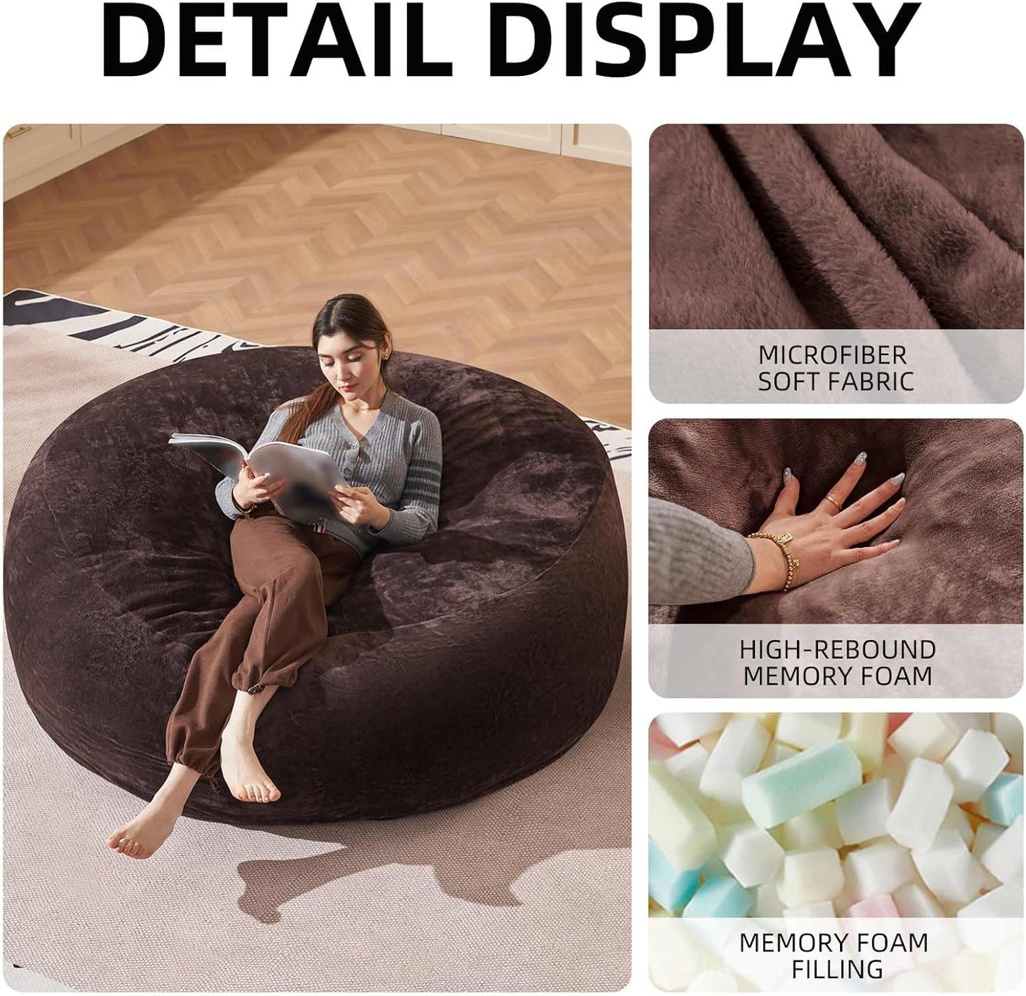 Bean Bag Chair 6Ft, Memory Foam Filled, Large Beanbag Chairs for Adults and Teens, Soft Sofa with Removable Flannel Cover, Round Couch for Living Room Bedroom College Dorm (Brown, 6FT-67×67"×24")