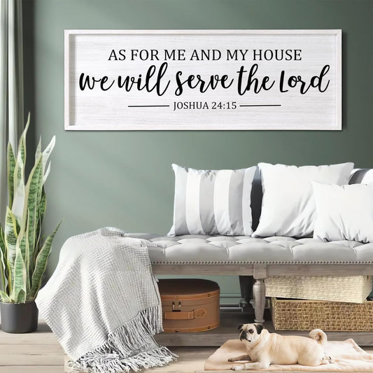 As For Me And My House We Will Serve The Lord Framed Wall Art, 40''×15'' Positive Religious Bible Verse for Christian God Jesus Christ Prayer, Vintage Rustic Long Holy Catholic Scripture Decor