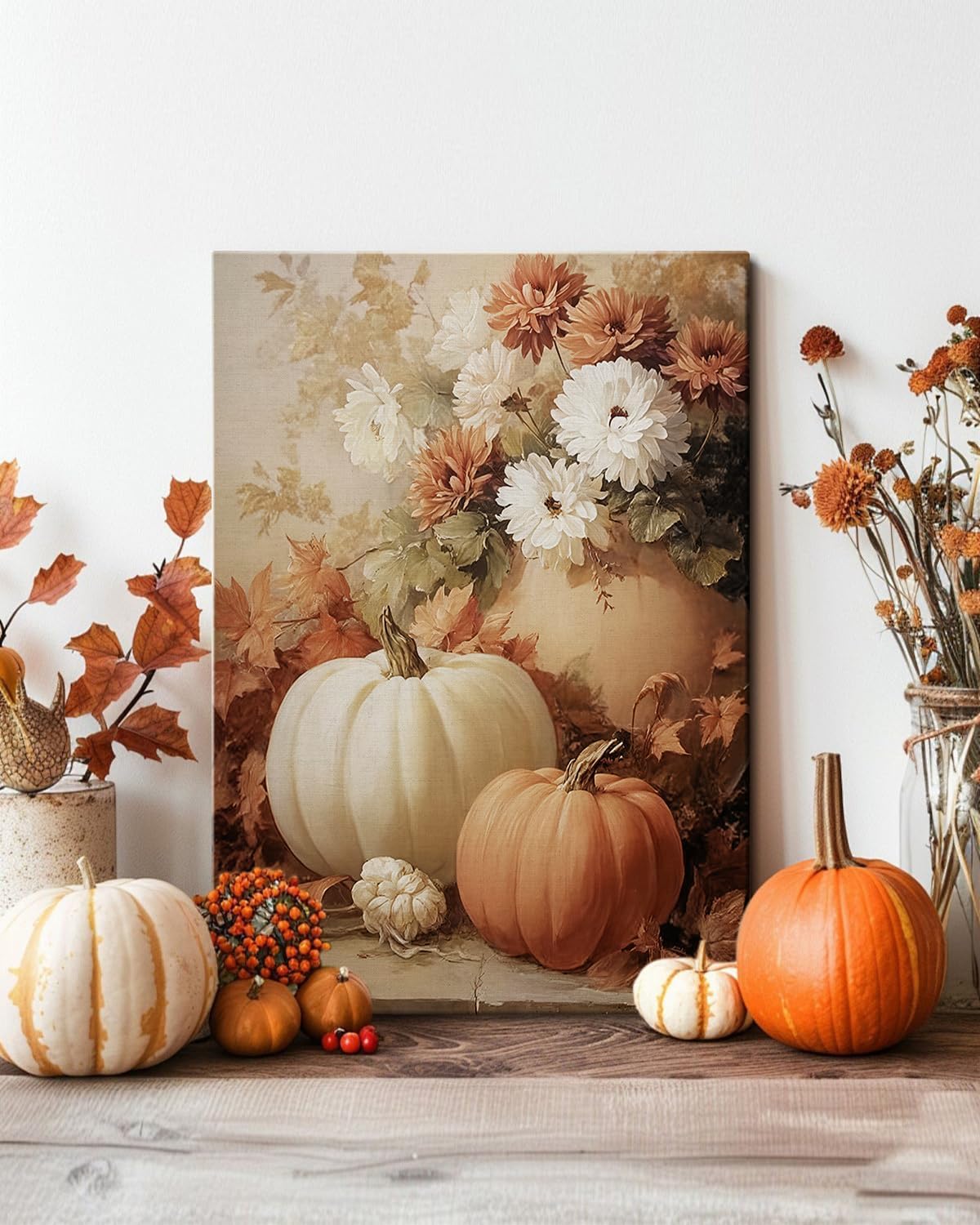 AbcCustomize Fall Wall Art Pumpkin Floral Print, Vintage Thanksgiving Decorations Canvas for Autumn Decor, Rustic Daisy Farmhouse Wall Art Decor for Bedroom Living Room Kitchen, Ready to Hang