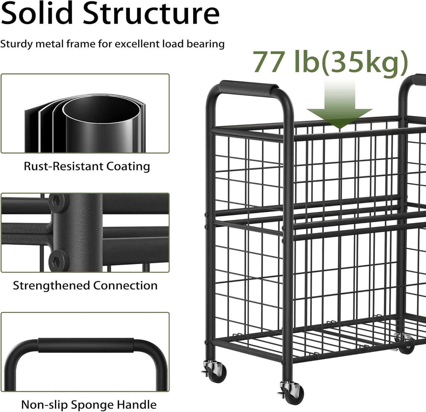 Laundry Hamper 3 Section, 145L Rolling Laundry Sorter Basket with Wheels, 3 Compartment Clothes Organizer Cart, Pull-Out Removable Bags for Laundry Room, Bathroom, Bedroom, Black