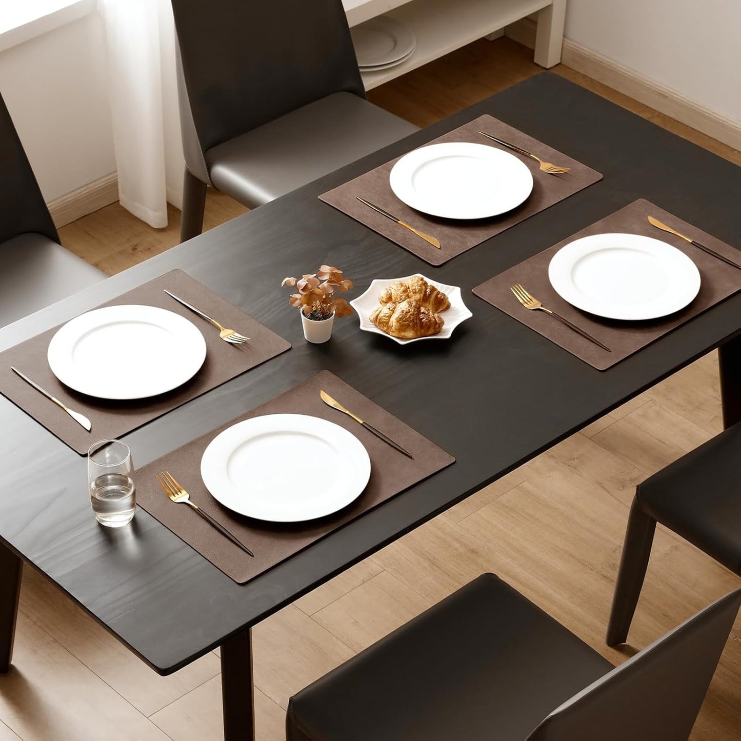 MOSAYT Vinyl Placemats Set of 8-12 X 17 Inch - Faux Leather 100% Waterproof Oil-Proof Wipeable PU Place Mats, Heat Resistant Reversible Table Mats for Kitchen, Dining, Outdoor (Brown)