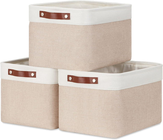 DULLEMELO Fabric Storage Bins, Storage Baskets for Organizing, Collapsible Rectangular Fabric Baskets for Shelves, Empty Gift Baskets (3-Pack Medium-15 inch X 11 inch X 9.5 inch , White&Khaki)