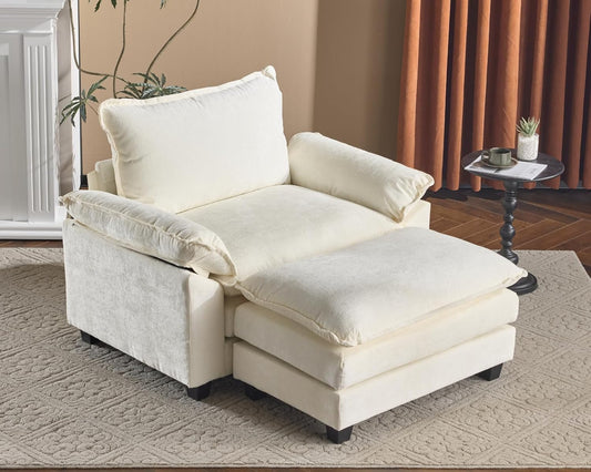 Karl home Oversized Accent Chair Chenille Sofa with Chaise, Modern Sofa Chair with Removable Ottoman Modular 1-Seater Couch and 2-Layer Ottoman for Living Room, Apartment, Studio, Beige