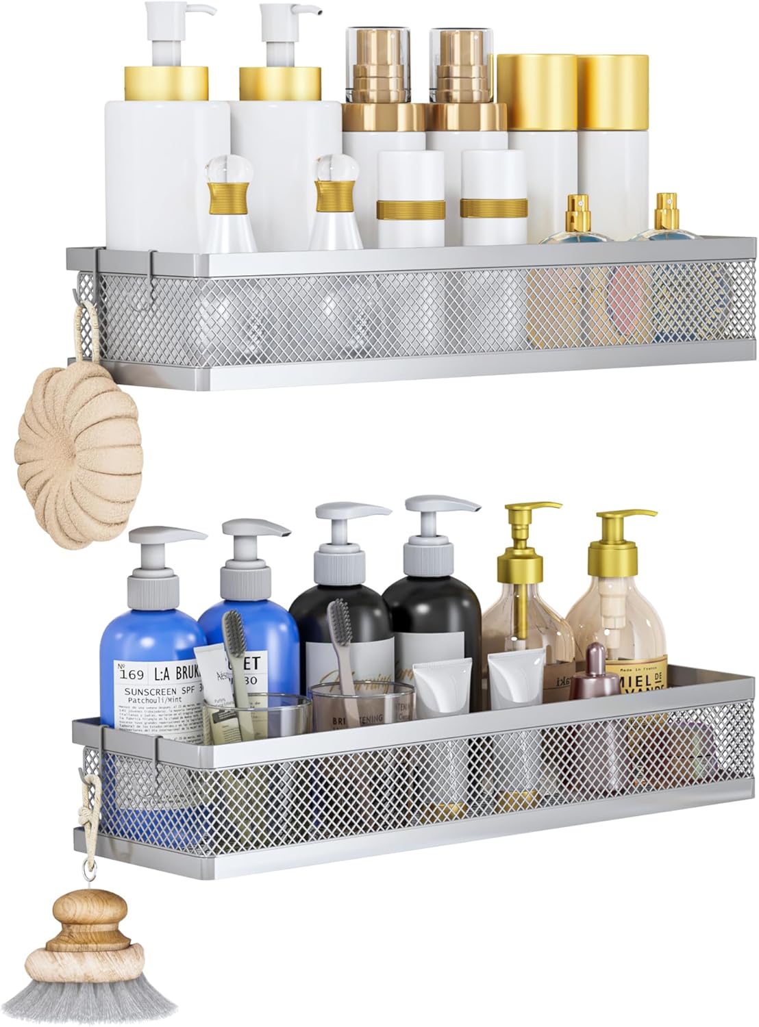 PUSDON Metal Wall Hanging Basket 2 Packs DIY Suitable for Multiple Scenes - Large Silver Grey Netting