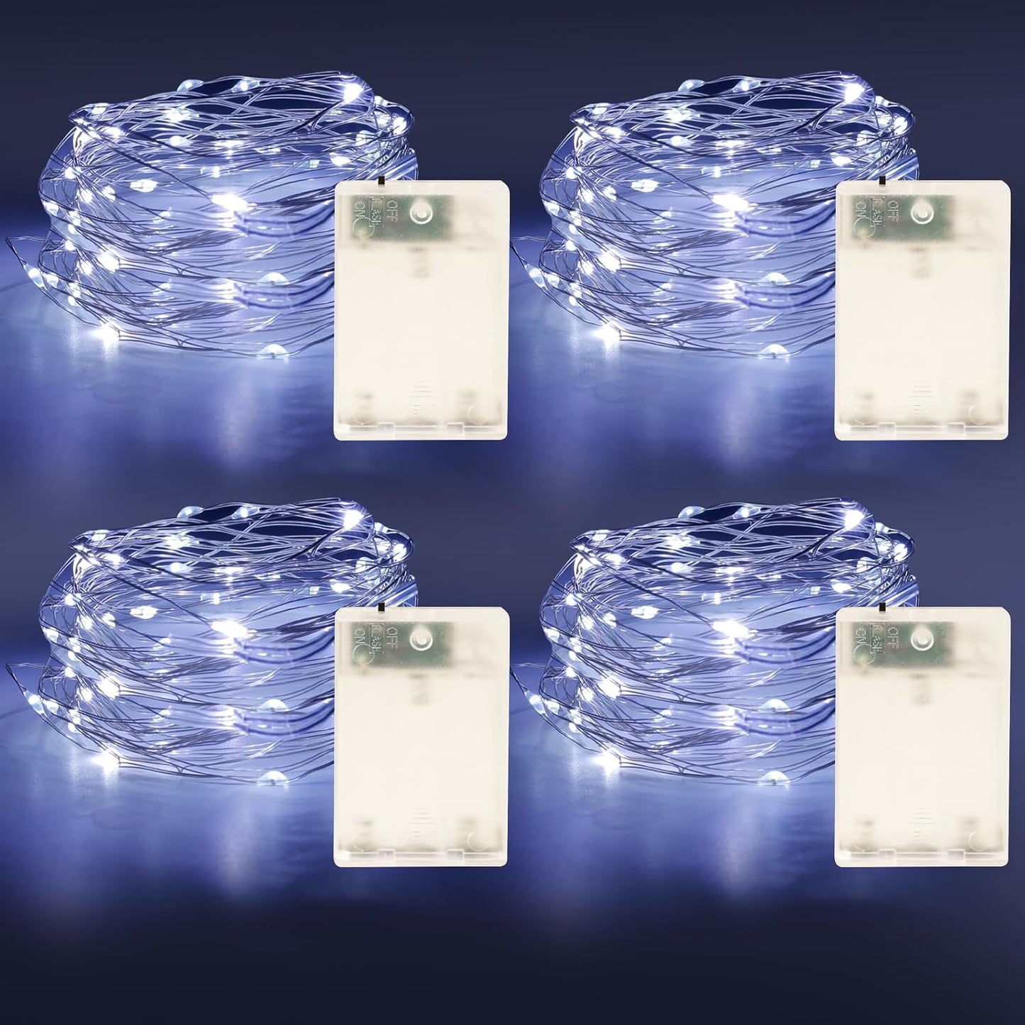 Fairy Lights Battery Operated String Lights 16.4ft 50LED Flashing and Constant Light Waterproof Silver Wire for Christmas DIY Party Bedroom Wedding (White, 4 Pack)