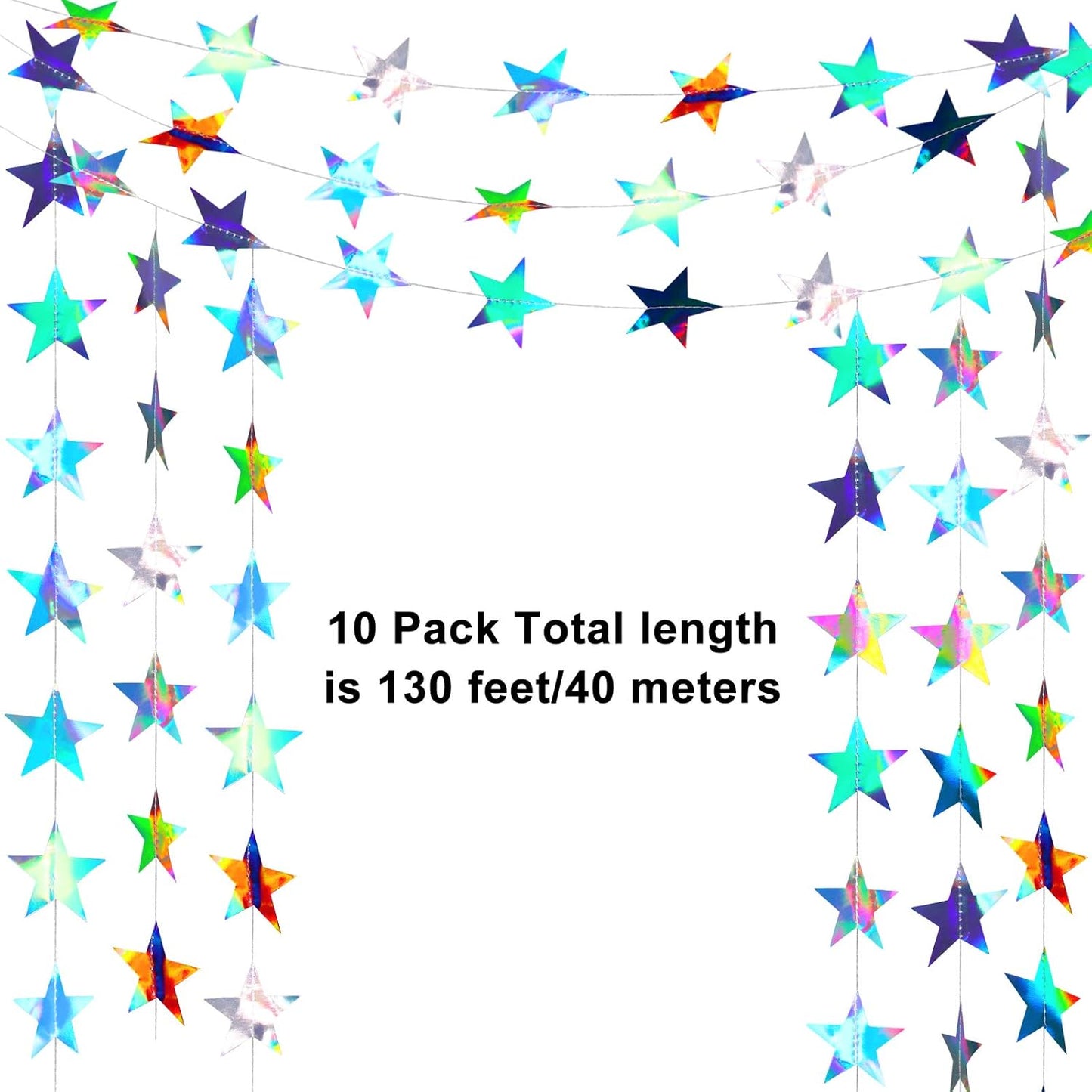 Patelai Glitter Star Garland Banner Decor 130 Feet Star Hanging Bunting Banner Twinkle Backdrop for Homecoming Classroom Wedding Birthday Halloween Christmas Party Supplies(Holographic Iridescent)
