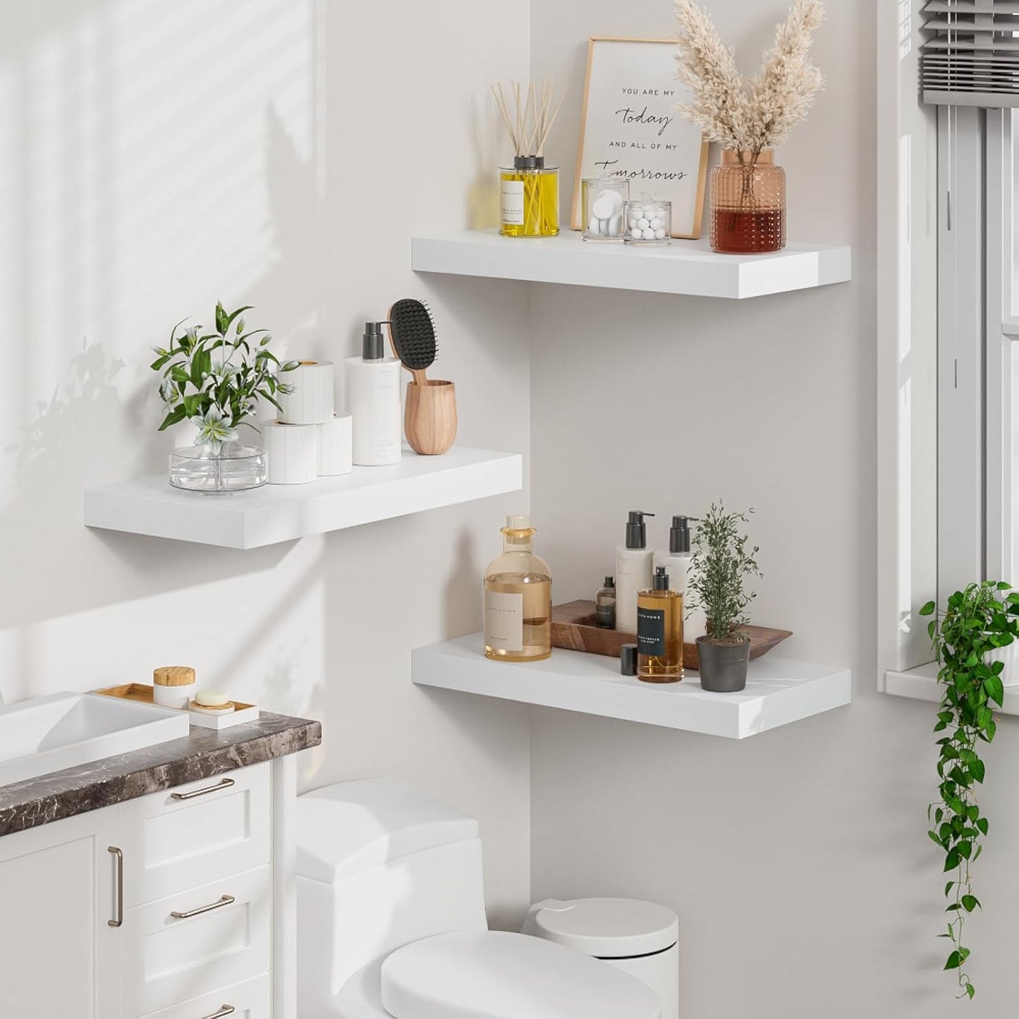 Heimlove 12" Deep White Floating Shelves for Wall, 24 Inch Wall Shelf Bathroom Shelves Set of 2, Wall Mounted Shelves for Books Living Room Laundry Room Bedroom Kitchen Home Office