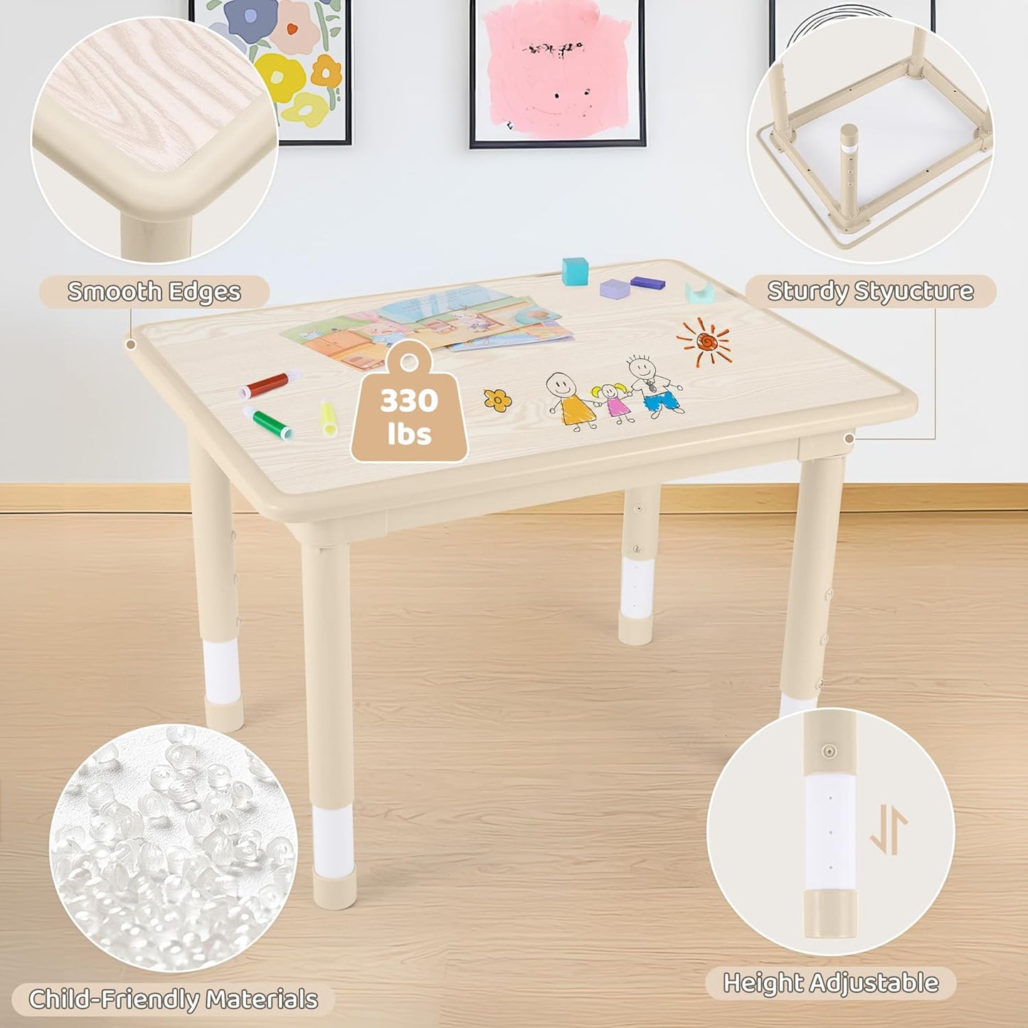 Kids Table and 2 Chairs Set, Height Adjustable (17.7"-26.1") Toddler Table and Chair Set, Multi-Activity Table with Graffiti Desktop, Children’s Table and Chairs for Classroom, Home & Daycare