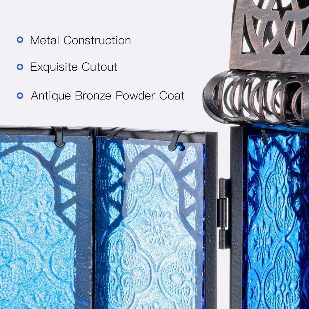 NEEDOMO Hanging Moroccan Lantern, 12.8'' Vintage Candle Holder, Metal Lanterns Decorative Indoor Outdoor, Table, Patio, Porch, Shelf, Gothic Home Decor (Blue, Large Size)