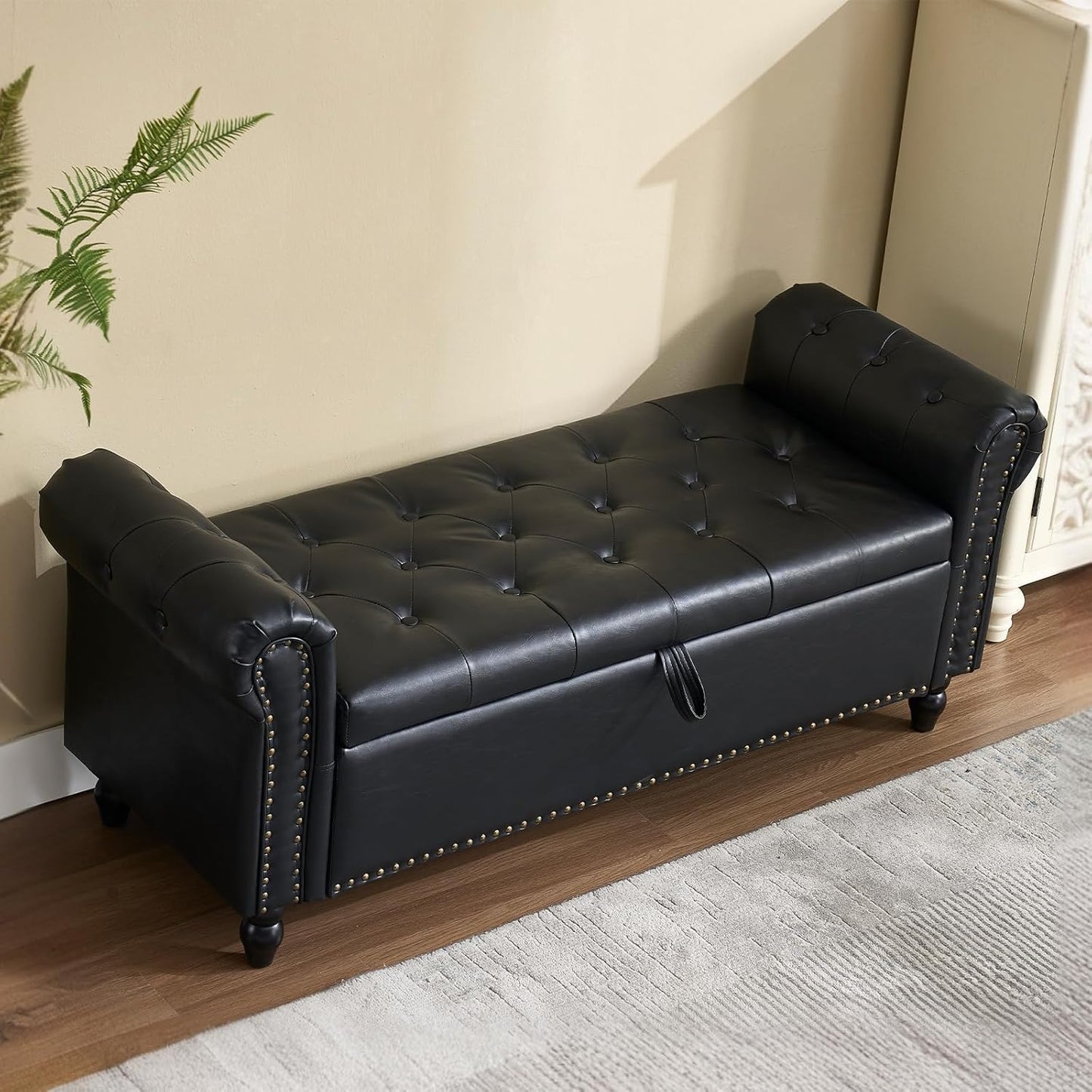 Furniliving 55” End of Bed Bench, Bedroom Bench with Button-Tufted, Large Upholstered Storage Ottoman Benches Entryway Bench with Storage Shoe Cabinet Bench, for Bedroom, Living Room, PU, Black